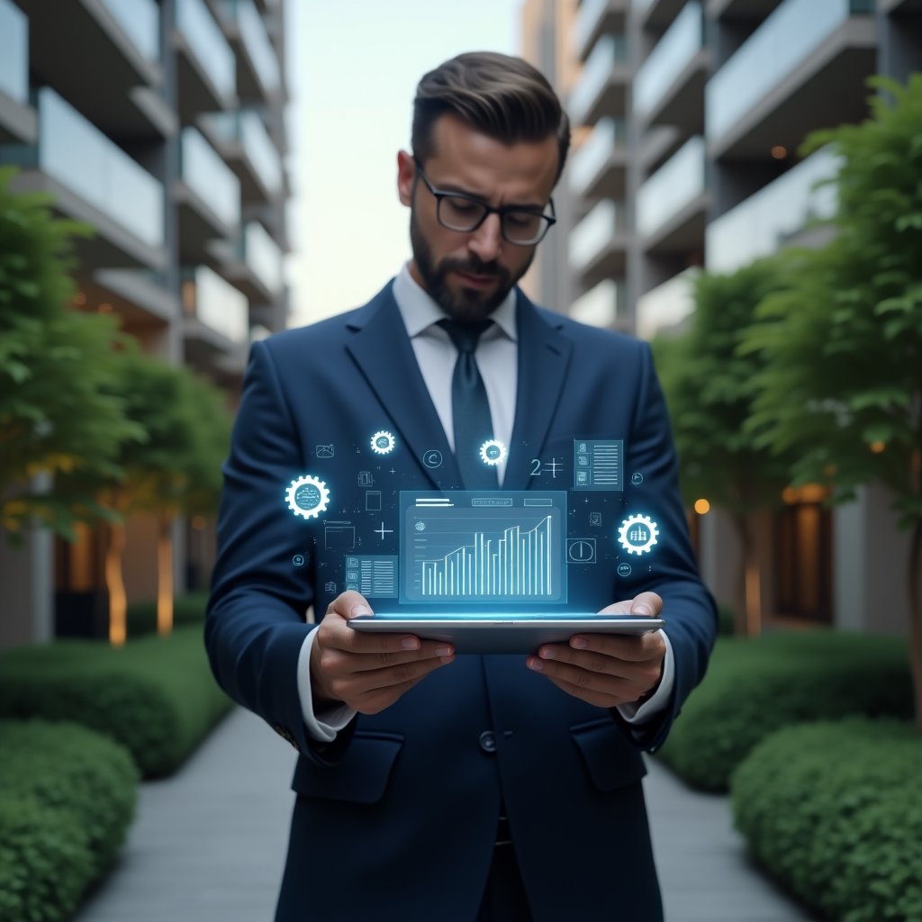 (Ultra-realistic condominium manager in a navy executive suit, set in a modern luxury condominium environment with high-rise buildings and manicured green landscaping, mid-shot holding a tablet displaying holographic financial charts and contract documents, confidently analyzing expense reports, symbolic floating icons of coins and gears, cinematic lighting, shallow depth of field, highly detailed textures, realistic skin, photographic realism, 8k resolution --ar 1:1 --v 6)