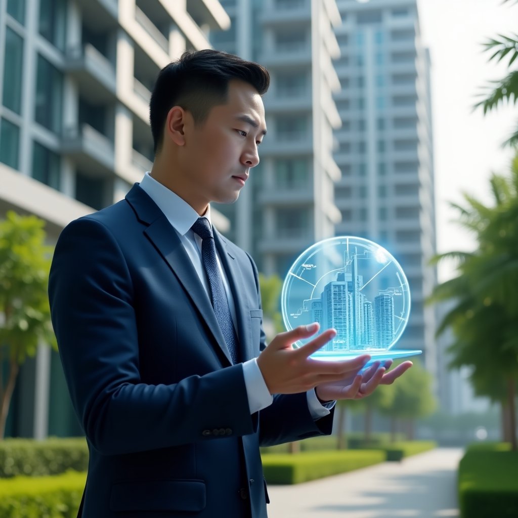 Ultra-realistic condominium manager in a navy blue executive suit, set in a modern luxury condominium environment with high-rise buildings and manicured green landscaping, holding and examining a holographic 3D pie chart representing ideal fractions, analytical expression with focused gaze, a floating icon of a building blueprint beside them, cinematic lighting, shallow depth of field, highly detailed textures, realistic skin, photographic realism, 8k resolution --ar 1:1 --v 6