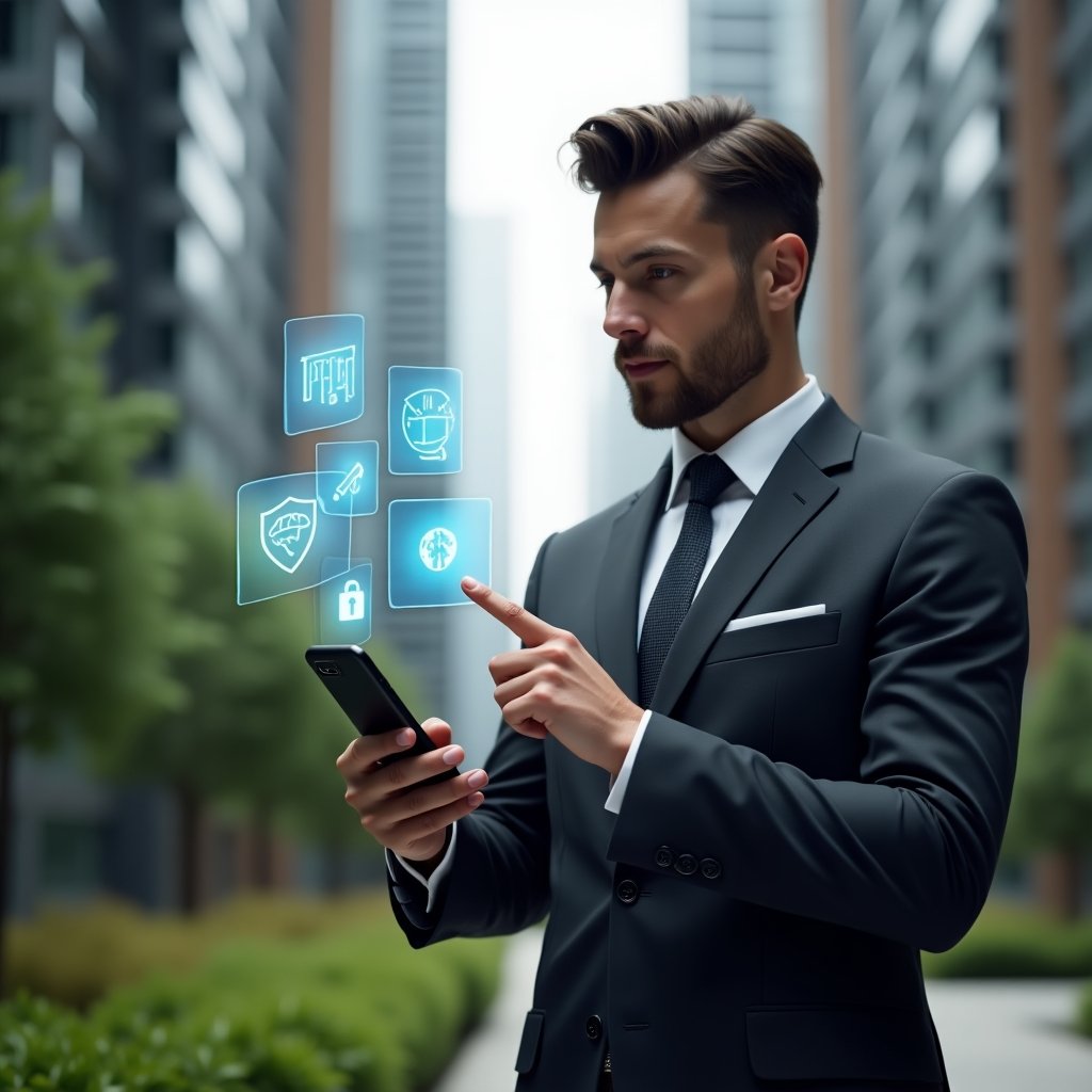 Ultra-realistic condo manager in a tailored dark gray suit, standing in a modern luxury condominium environment with high-rise buildings and manicured greenery, holding a smartphone with holographic app interface displaying icons for finance, communication, reservations, security and maintenance, confidently pointing at the floating UI elements, cinematic lighting, shallow depth of field, highly detailed textures, realistic skin, photographic realism, 8k resolution --ar 1:1 --v 6