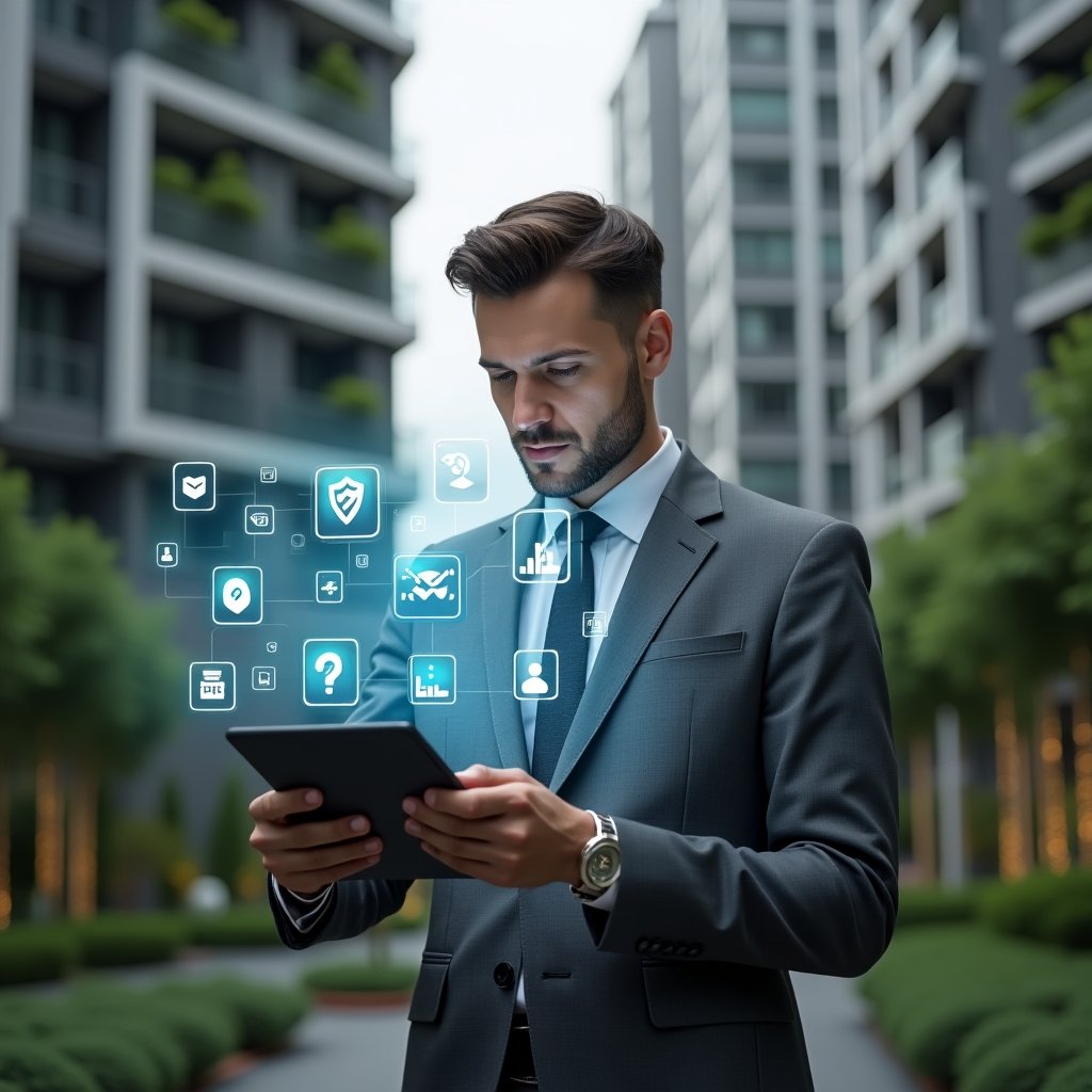 (Ultra-realistic condominium manager in a charcoal grey suit, set in a modern luxury condominium environment with high-rise buildings and manicured green landscaping, holding a tablet projecting a holographic interface of building management icons (security shield, reservation calendar, chat bubbles, financial graphs), analyzing the display with a confident expression, cinematic lighting, shallow depth of field, highly detailed textures, realistic skin, photographic realism, 8k resolution --ar 1:1 --v 6)