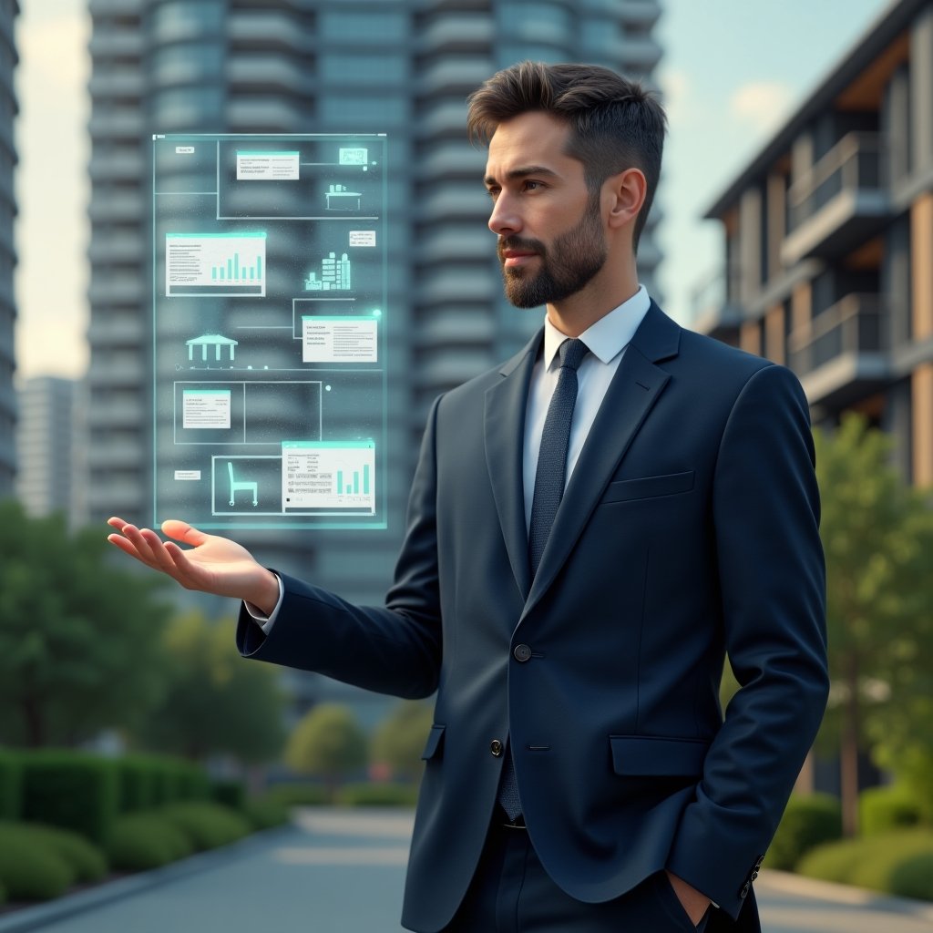 (Ultra-realistic condominium manager in a tailored navy suit, set in a modern luxury condominium environment with high-rise buildings and lush green landscaping, interacting with a floating holographic interface displaying apartment icons, financial charts, chat bubbles and reservation calendars, conveying confidence and engagement, cinematic lighting, shallow depth of field, highly detailed textures, realistic skin, photographic realism, 8k resolution --ar 1:1 --v 6)