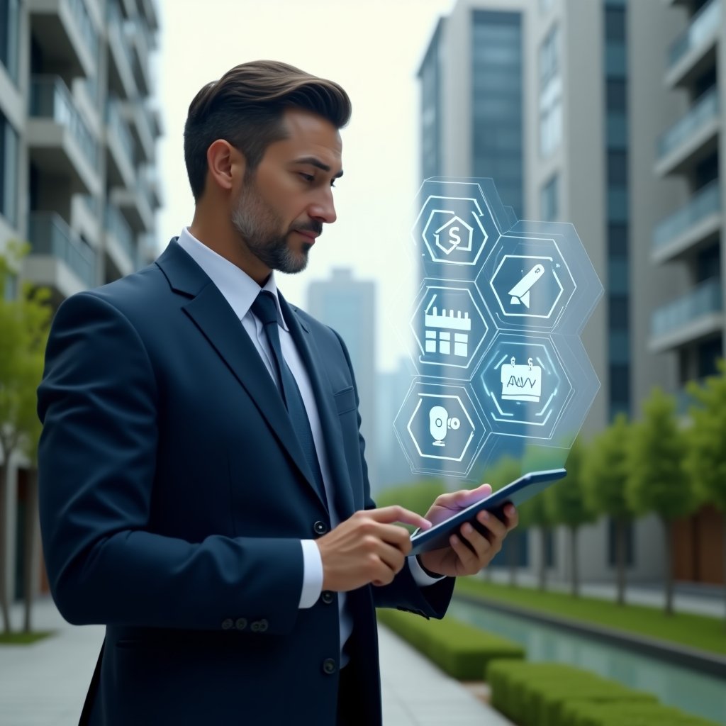 (Ultra-realistic property manager in a navy business suit, set in a modern luxury condominium environment with high-rise buildings and green landscaping, holding a tablet and confidently interacting with floating holographic icons representing communication, financial charts, security cameras, calendar and maintenance tools, cinematic lighting, shallow depth of field, highly detailed textures, realistic skin, photographic realism, 8k resolution --ar 1:1 --v 6)