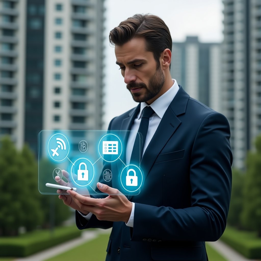 (Ultra-realistic condominium manager in a navy tailored suit, set in a modern luxury condominium environment with high-rise buildings and manicured green landscaping, interacting with a holographic condominium management app interface displaying icons for communication, finance, security and maintenance, confident and focused expression, cinematic lighting, shallow depth of field, highly detailed textures, realistic skin, photographic realism, 8k resolution --ar 1:1 --v 6)