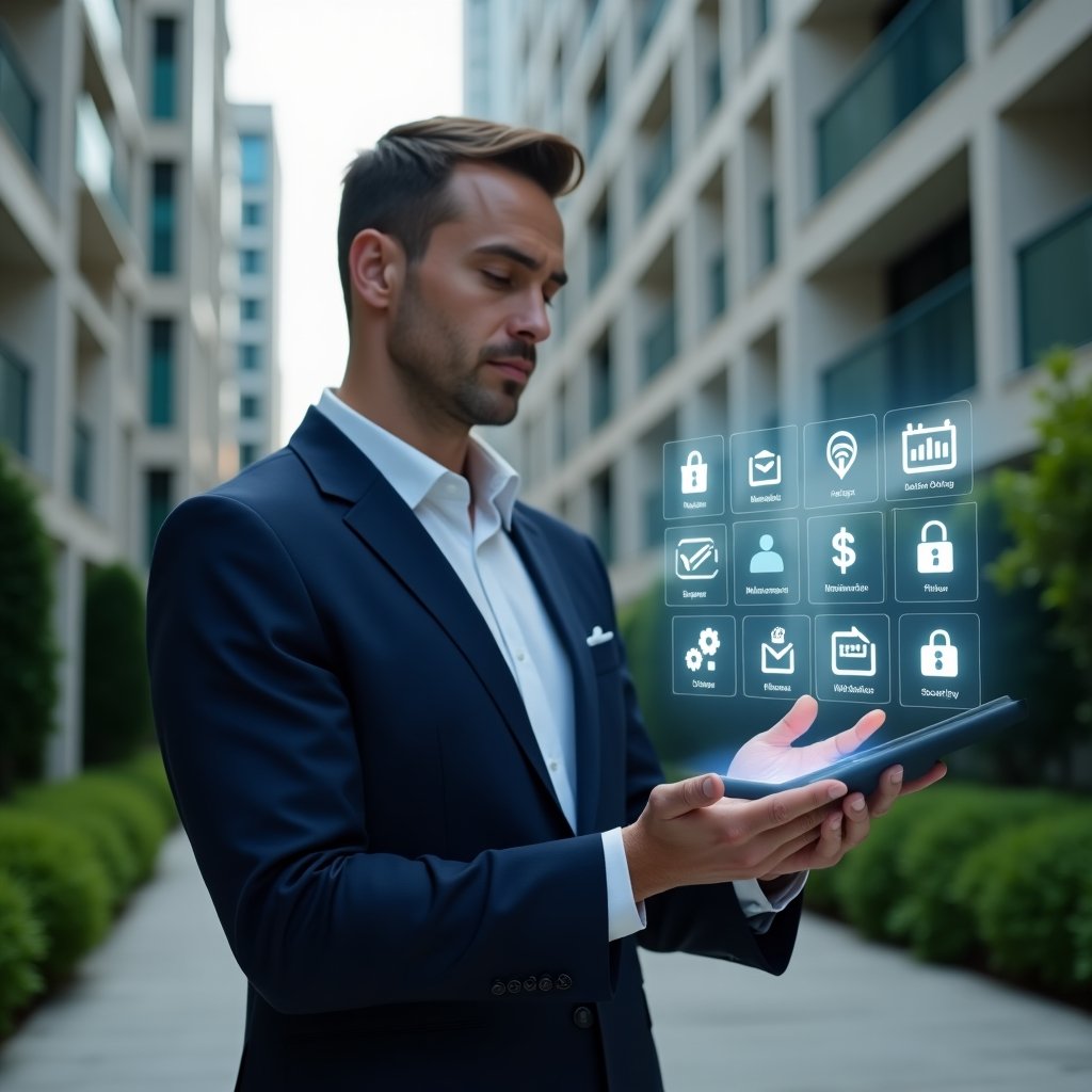 (Ultra-realistic condominium manager in a tailored navy blue suit, set in a modern luxury condominium environment with high-rise buildings and manicured green landscaping, medium shot, confidently interacting with a floating holographic interface showcasing icons for messaging, calendar bookings, financial reports, maintenance tickets and security access, cinematic lighting, shallow depth of field, highly detailed textures, realistic skin, photographic realism, 8k resolution --ar 1:1 --v 6)