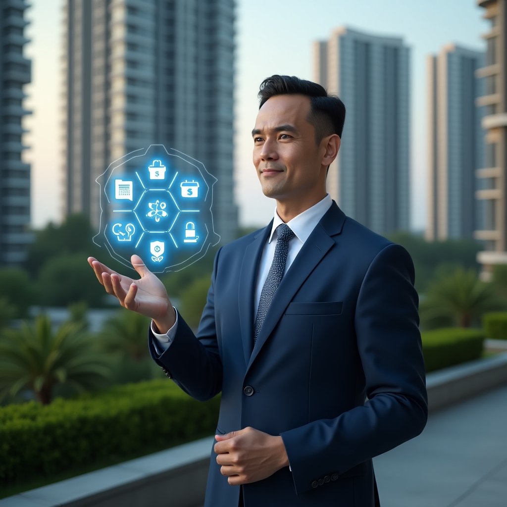 Ultra-realistic condominium manager in a navy blue executive suit, set in a modern luxury condominium environment with high-rise buildings and meticulously landscaped greenery, interacting with a floating holographic interface displaying icons for finance, calendar, security and communication, confident expression, cinematic lighting, shallow depth of field, highly detailed textures, realistic skin, photographic realism, 8k resolution --ar 1:1 --v 6