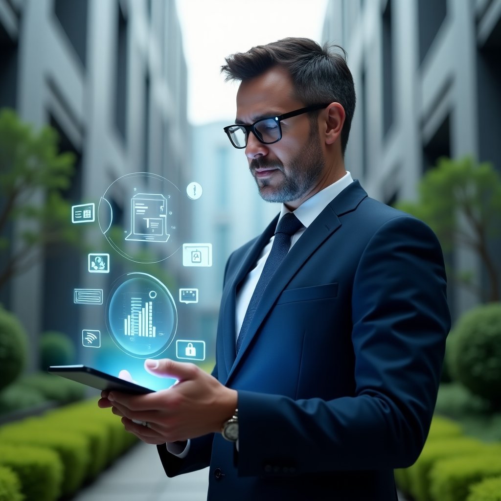 (Ultra-realistic condominium manager in a dark blue executive suit, set in a modern luxury condominium environment with high-rise buildings and manicured green landscaping, holding a transparent tablet projecting floating holographic icons of chat bubbles, financial charts and security locks, analyzing the digital interface with a confident, focused expression, cinematic lighting, shallow depth of field, highly detailed textures, realistic skin, photographic realism, 8k resolution --ar 1:1 --v 6)