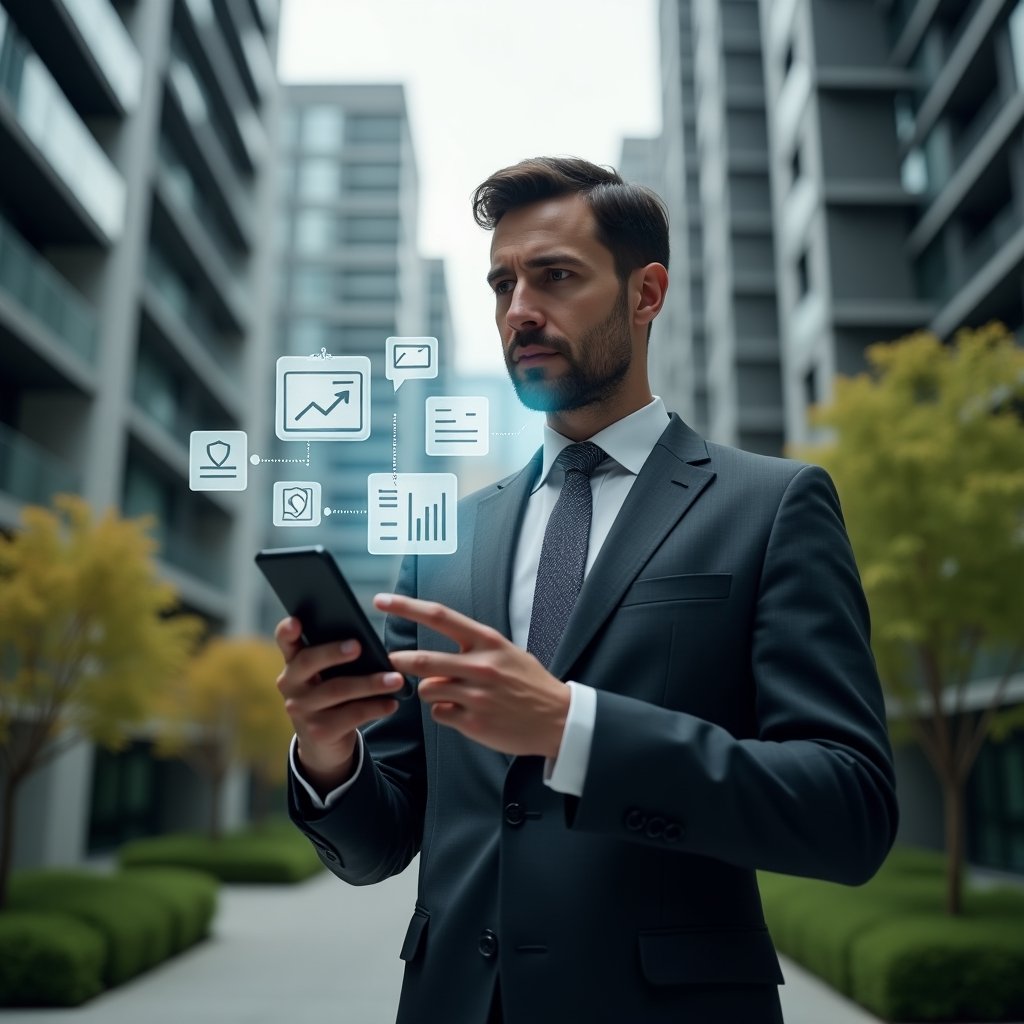 (Ultra-realistic condominium manager in a dark gray suit, set in a modern luxury condominium environment with high-rise buildings and lush green landscaping, mid-shot showing him confidently interacting with a smartphone projecting floating holographic icons of calendar bookings, financial graphs, security shields and chat bubbles, cinematic lighting, shallow depth of field, highly detailed textures, realistic skin, photographic realism, 8k resolution --ar 1:1 --v 6)