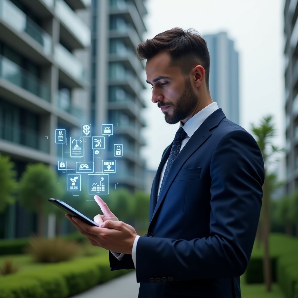 (Ultra-realistic condominium manager in a tailored navy suit, set in a modern luxury condominium environment with high-rise buildings and green landscaping, holding a tablet displaying floating holographic icons for communication, security, and finances, confidently tapping the screen to demonstrate essential app functions, futuristic hologram elements of chat bubbles, lock symbols, and financial graphs surrounding the device, cinematic lighting, shallow depth of field, highly detailed textures, realistic skin, photographic realism, 8k resolution --ar 1:1 --v 6)