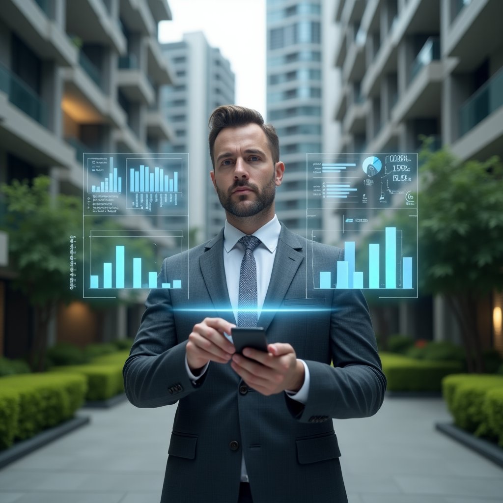 (Ultra-realistic condominium administrator in a tailored charcoal gray suit, set in a modern luxury condominium environment with high-rise glass buildings and lush green landscaping, confidently analyzing a floating holographic dashboard of financial charts and indicators, symbolic holographic bar graphs and pie charts surrounding them, cinematic lighting, shallow depth of field, highly detailed textures, realistic skin, photographic realism, 8k resolution --ar 1:1 --v 6)