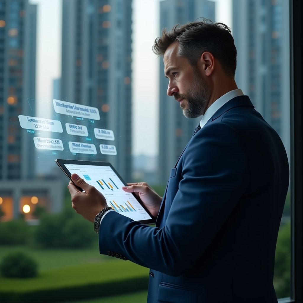 (Ultra-realistic property manager in a navy blue suit, set in a modern luxury condominium environment with high-rise buildings and green landscaping, examining holographic financial charts displaying KPIs like delinquency rate, reserve fund and cost per common area, with floating icons and graphs, expression focused and confident, cinematic lighting, shallow depth of field, highly detailed textures, realistic skin, photographic realism, 8k resolution --ar 1:1 --v 6)