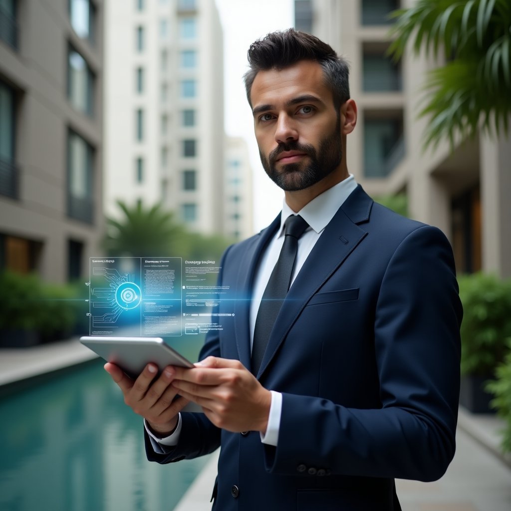 Ultra-realistic condominium manager in a tailored navy suit, set in a modern luxury condominium environment with high-rise buildings and manicured gardens, confidently holding a tablet displaying a holographic interface of building management charts and icons, cinematic lighting, shallow depth of field, highly detailed textures, realistic skin, photographic realism, 8k resolution --ar 1:1 --v 6
