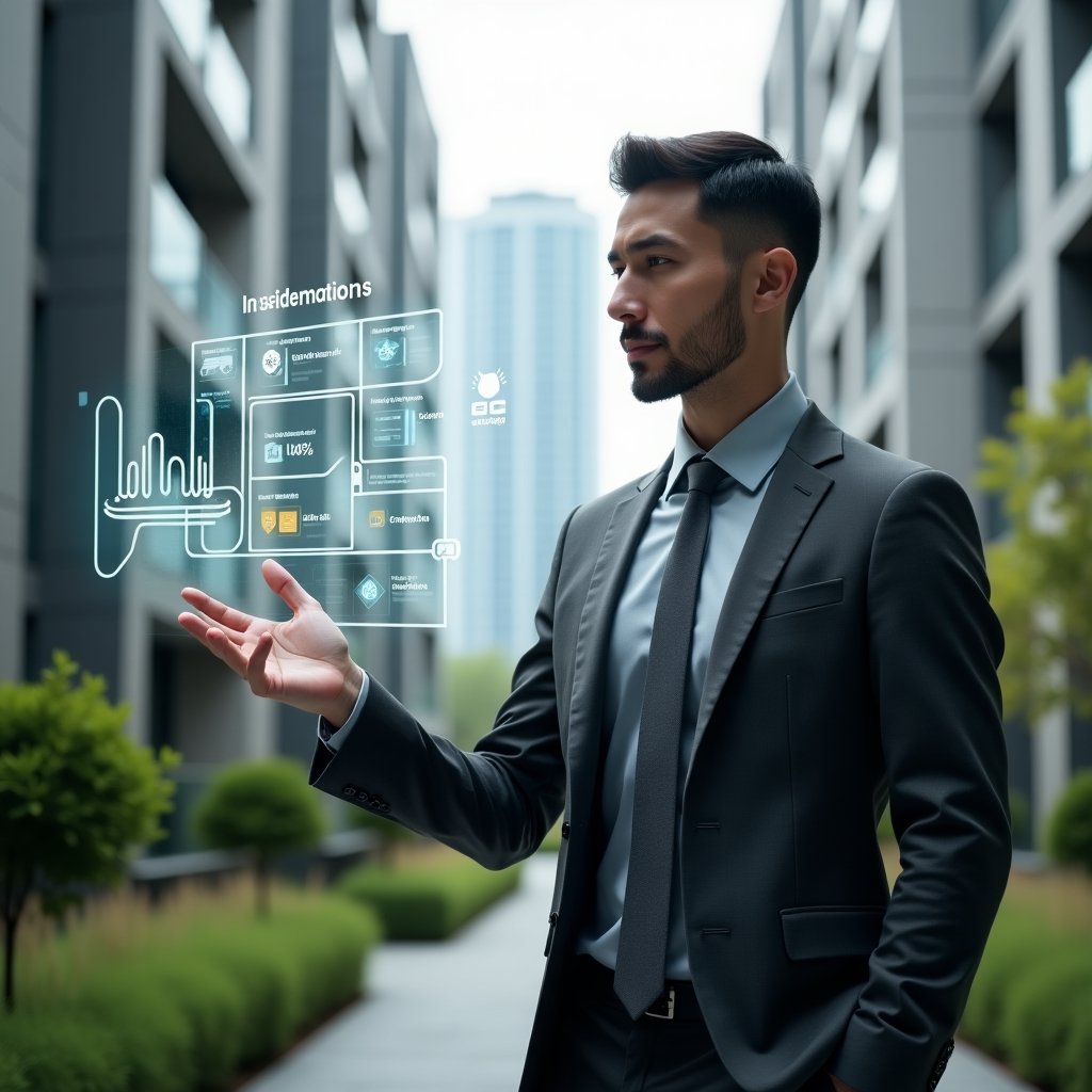 Ultra-realistic condominium manager in a tailored dark gray suit, standing in a modern luxury condominium environment with high-rise buildings and manicured green landscaping, interacting with a semi-transparent holographic dashboard displaying workflow automation icons (cost reduction graph, efficiency gears, communication bubbles), confident and focused expression, cinematic lighting, shallow depth of field, highly detailed textures, realistic skin, photographic realism, 8k resolution --ar 1:1 --v 6