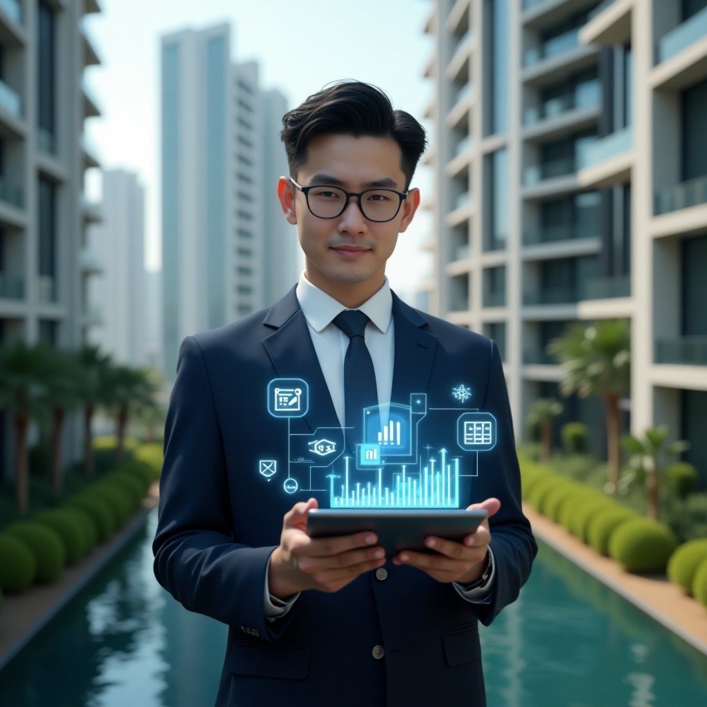 (Ultra-realistic condominium manager in a navy executive suit, set in a modern luxury condominium environment with high-rise buildings and lush green landscaping, holding a digital tablet displaying a holographic app interface with cost-reduction charts, process-automation icons and transparent financial reports floating around, confident and focused expression, cinematic lighting, shallow depth of field, highly detailed textures, realistic skin, photographic realism, 8k resolution --ar 1:1 --v 6)