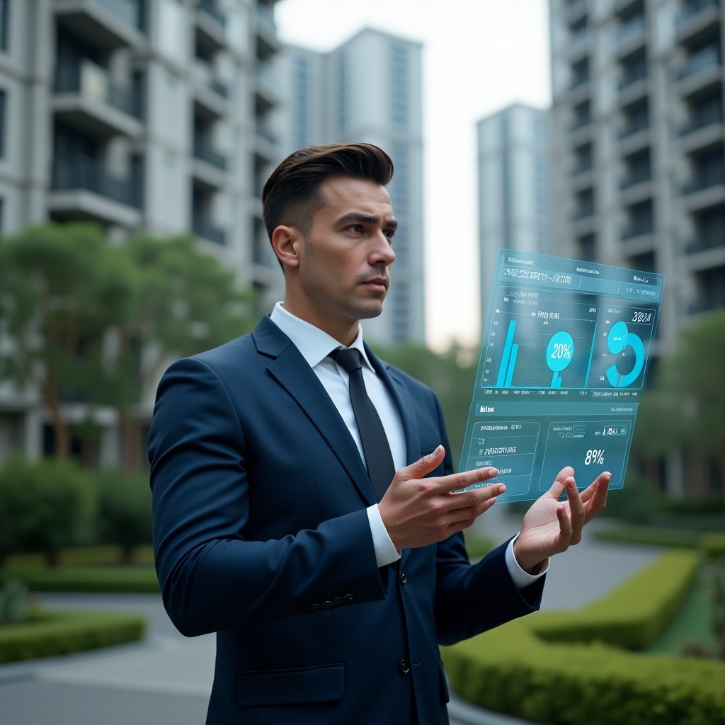 (Ultra-realistic condominium manager in a navy executive suit, set in a modern luxury condominium environment with high-rise buildings and meticulously landscaped greenery, standing in a mid shot while reviewing a holographic financial dashboard displaying pie charts and cost-saving icons, confident and analytical expression, cinematic lighting, shallow depth of field, highly detailed textures, realistic skin, photographic realism, 8k resolution --ar 1:1 --v 6)
