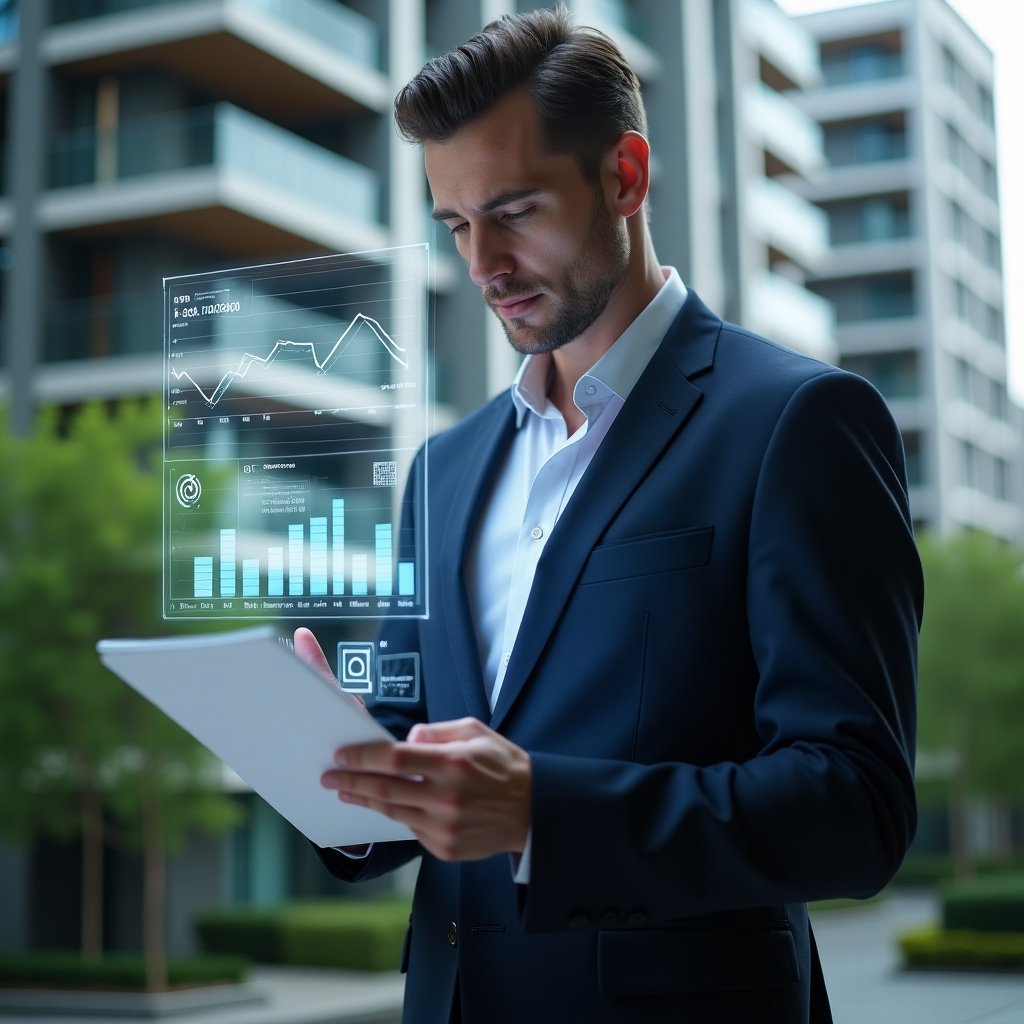 (Ultra-realistic condominium manager in a tailored navy suit, set in a modern luxury condominium environment with high-rise buildings and lush green landscaping, analyzing floating holographic financial reports and charts, confident and focused expression, holographic graphs symbolizing transparency and efficiency, cinematic lighting, shallow depth of field, highly detailed textures, realistic skin, photographic realism, 8k resolution --ar 1:1 --v 6)