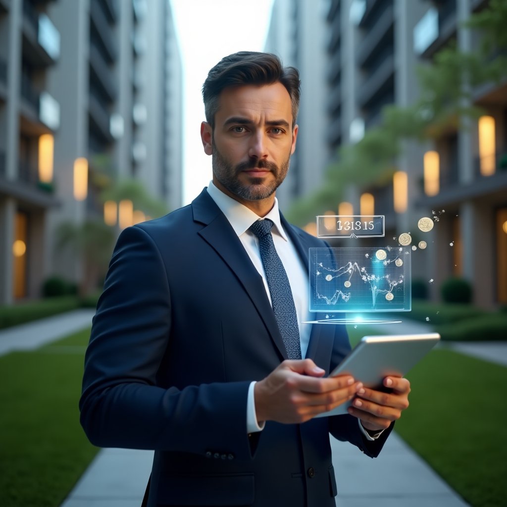 (Ultra-realistic condominium manager in a navy tailored suit, set in a modern luxury condominium environment with high-rise buildings and lush green landscaping, holding a tablet displaying holographic financial charts, confident and focused expression, floating holographic icons of graphs and coins around, cinematic lighting, shallow depth of field, highly detailed textures, realistic skin, photographic realism, 8k resolution --ar 1:1 --v 6)