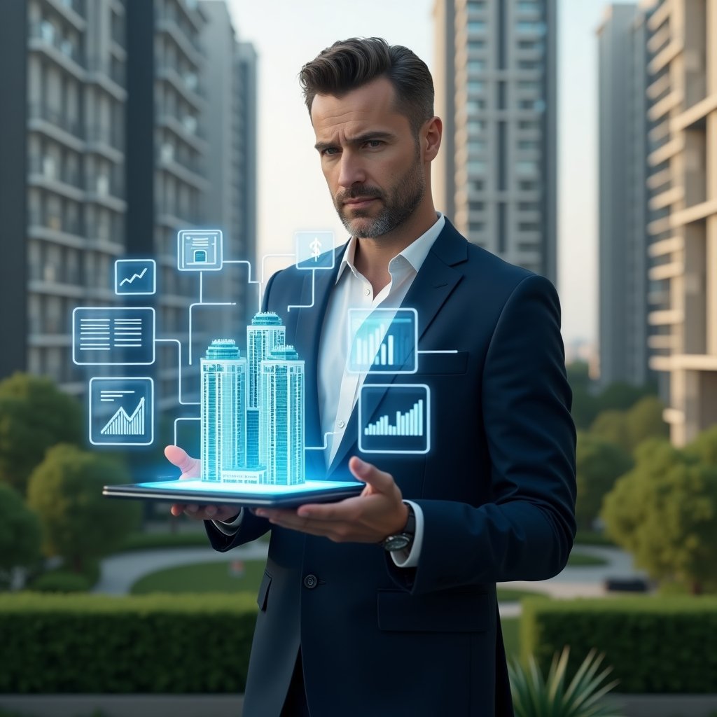 (Ultra-realistic condominium manager in a tailored navy suit, set in a modern luxury condominium environment with high-rise buildings and manicured green landscaping, interacting with a floating holographic interface displaying building icons, chat bubbles and financial graphs, confident and focused expression, cinematic lighting, shallow depth of field, highly detailed textures, realistic skin, photographic realism, 8k resolution --ar 1:1 --v 6)