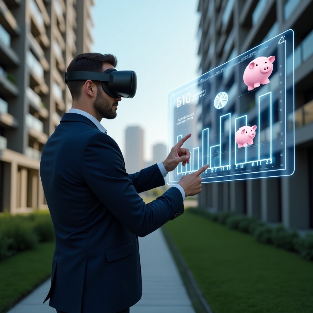 Ultra-realistic condominium manager in a navy executive suit, set in a modern luxury condominium environment with high-rise buildings and manicured green landscaping, medium shot, confidently reviewing and pointing at a holographic budget chart with glowing pie graphs, floating contract icons and a piggy bank symbolizing emergency reserves, cinematic lighting, shallow depth of field, highly detailed textures, realistic skin, photographic realism, 8k resolution --ar 1:1 --v 6