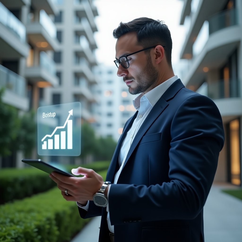Ultra-realistic condominium manager in a tailored dark blue suit, set in a modern luxury condominium environment with high-rise buildings and manicured greenery, analyzing a floating holographic budget chart above a digital tablet, confident and focused expression, a translucent icon of a rising graph and coin stack beside them, cinematic lighting, shallow depth of field, highly detailed textures, realistic skin, photographic realism, 8k resolution --ar 1:1 --v 6