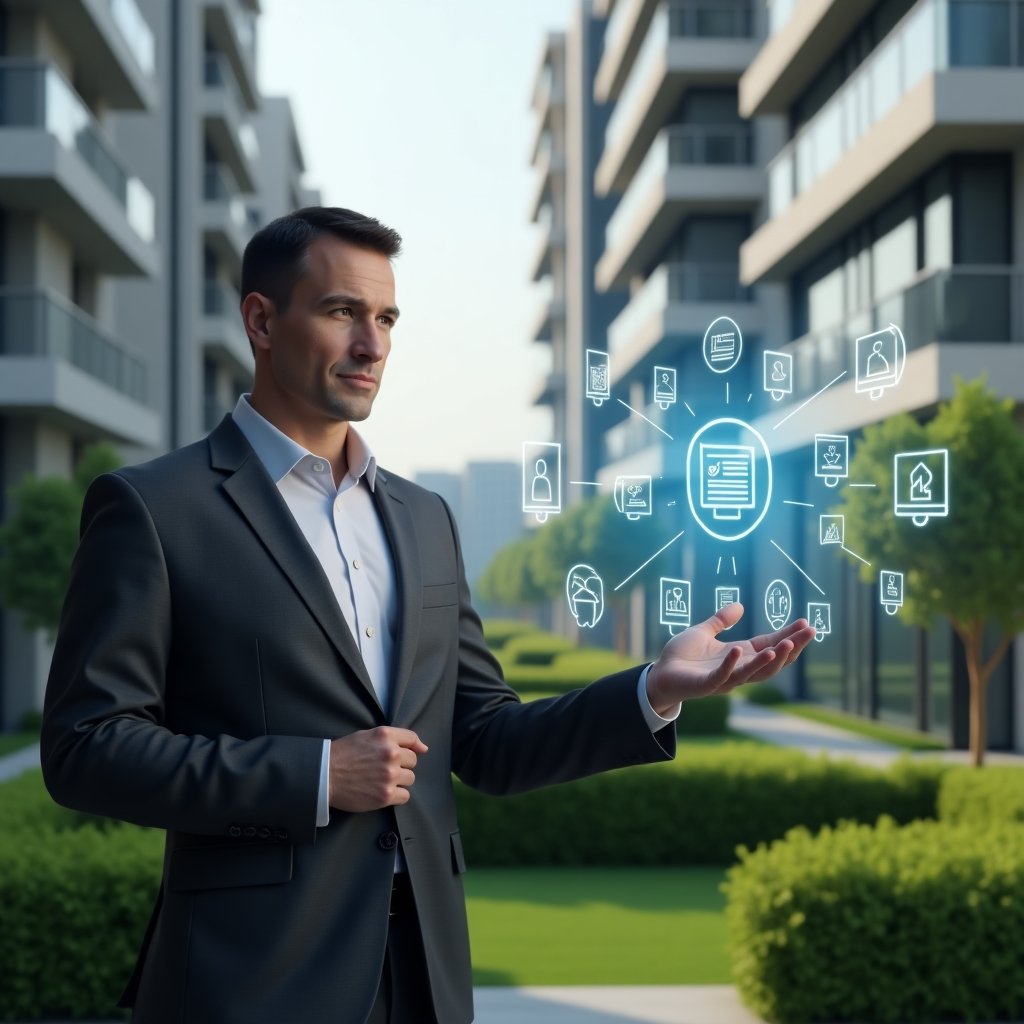 (Ultra-realistic condominium manager in a charcoal gray suit, set in a modern luxury condominium environment with high-rise buildings and manicured green landscaping, medium shot of the manager confidently interacting with a floating holographic activity schedule and maintenance icons, focused expression, cinematic lighting, shallow depth of field, highly detailed textures, realistic skin, photographic realism, 8k resolution --ar 1:1 --v 6)