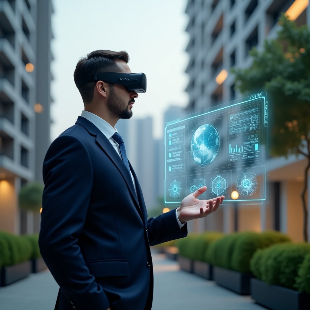 (Ultra-realistic property manager in a navy suit, set in a modern luxury condominium environment with high-rise buildings and green landscaping, standing in a medium shot while analyzing a holographic dashboard displaying communication icons, financial graphs, task checklists, and gear symbols, looking confident and thoughtful, cinematic lighting, shallow depth of field, highly detailed textures, realistic skin, photographic realism, 8k resolution --ar 1:1 --v 6)