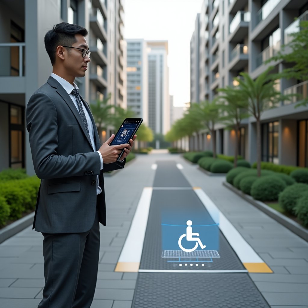 Ultra-realistic condominium manager in a charcoal gray suit, set in a modern luxury condominium environment with high-rise buildings and green landscaping, holding a tablet displaying an accessible condominium app interface while gesturing confidently toward a sleek ramp and tactile paving with a holographic wheelchair icon, cinematic lighting, shallow depth of field, highly detailed textures, realistic skin, photographic realism, 8k resolution --ar 1:1 --v 6
