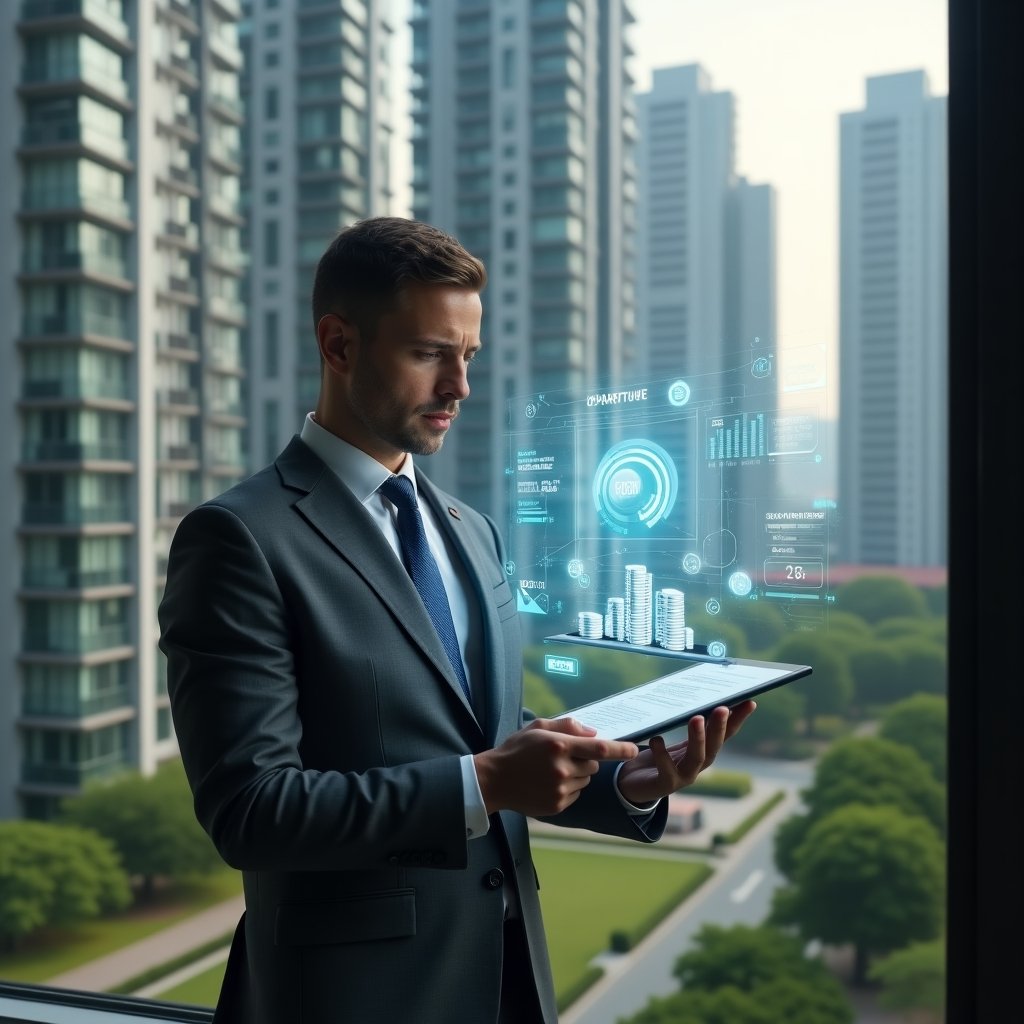 Ultra-realistic condominium manager in a charcoal gray executive suit, set in a modern luxury condominium environment with high-rise buildings and meticulously landscaped green areas, mid-shot of the manager reviewing a floating holographic financial chart and expense breakdown, holographic icons of coins and invoices swirling around, confident and focused expression, cinematic lighting, shallow depth of field, highly detailed textures, realistic skin, photographic realism, 8k resolution --ar 1:1 --v 6