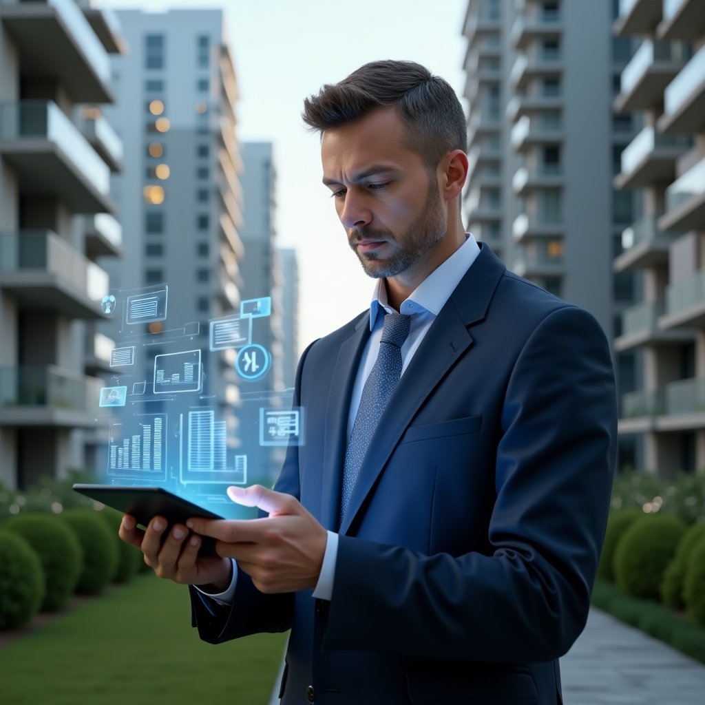 Ultra-realistic condominium manager in a navy blue executive suit, set in a modern luxury condominium environment with high-rise buildings and manicured green landscaping, holding a tablet displaying floating holographic budget charts and expense icons, analyzing financial data with a confident, focused expression, cinematic lighting, shallow depth of field, highly detailed textures, realistic skin, photographic realism, 8k resolution --ar 1:1 --v 6