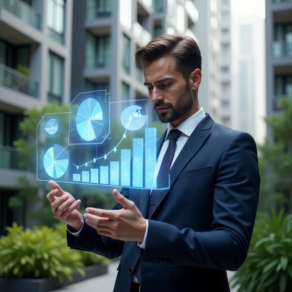 Ultra-realistic condo manager in a tailored navy suit, set in a modern luxury condominium environment with high-rise buildings and lush green landscaping, reviewing floating holographic financial charts and pie graphs with a confident, focused expression, cinematic lighting, shallow depth of field, highly detailed textures, realistic skin, photographic realism, 8k resolution --ar 1:1 --v 6
