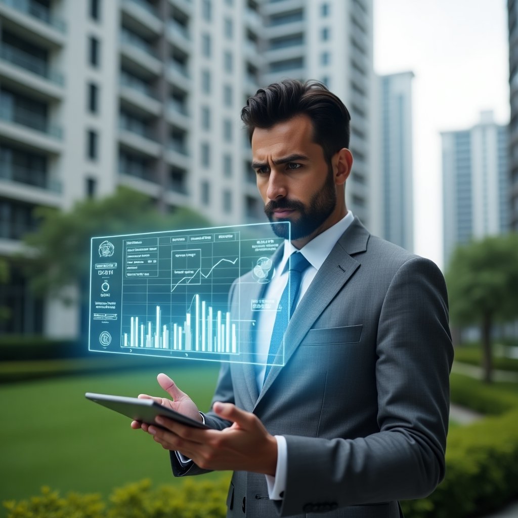 (Ultra-realistic condominium manager in a tailored gray suit, set in a modern luxury condominium environment with high-rise buildings and meticulously landscaped greenery, reviewing a floating holographic financial report projected from a sleek tablet, surrounded by translucent charts and graphs symbolizing transparency, confident and focused expression, cinematic lighting, shallow depth of field, highly detailed textures, realistic skin, photographic realism, 8k resolution --ar 1:1 --v 6)