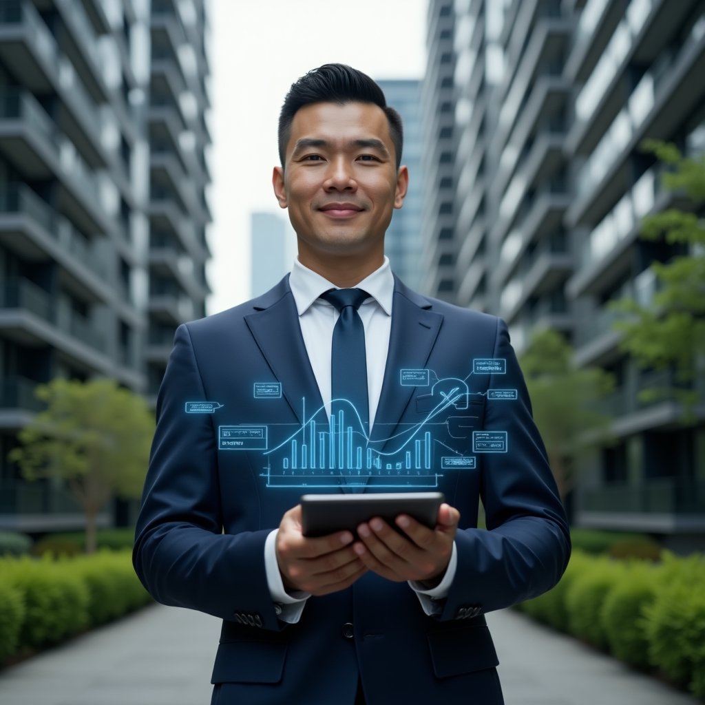 Ultra-realistic condominium manager in a navy blue tailored suit, set in a modern luxury condominium environment with high-rise buildings and manicured green landscaping, holding a transparent digital tablet displaying floating financial charts and holographic graphs representing budget transparency, confident and focused expression, cinematic lighting, shallow depth of field, highly detailed textures, realistic skin, photographic realism, 8k resolution --ar 1:1 --v 6