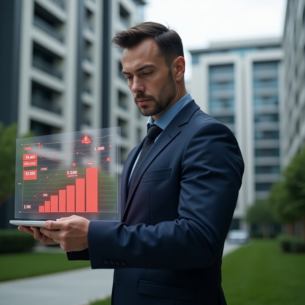 (Ultra-realistic condominium manager in a tailored navy suit, set in a modern luxury condominium environment with high-rise buildings and manicured green landscaping, reviewing a floating holographic expense chart with red warning icons and cost graphs, expression serious and focused as he identifies costly management errors, cinematic lighting, shallow depth of field, highly detailed textures, realistic skin, photographic realism, 8k resolution --ar 1:1 --v 6)