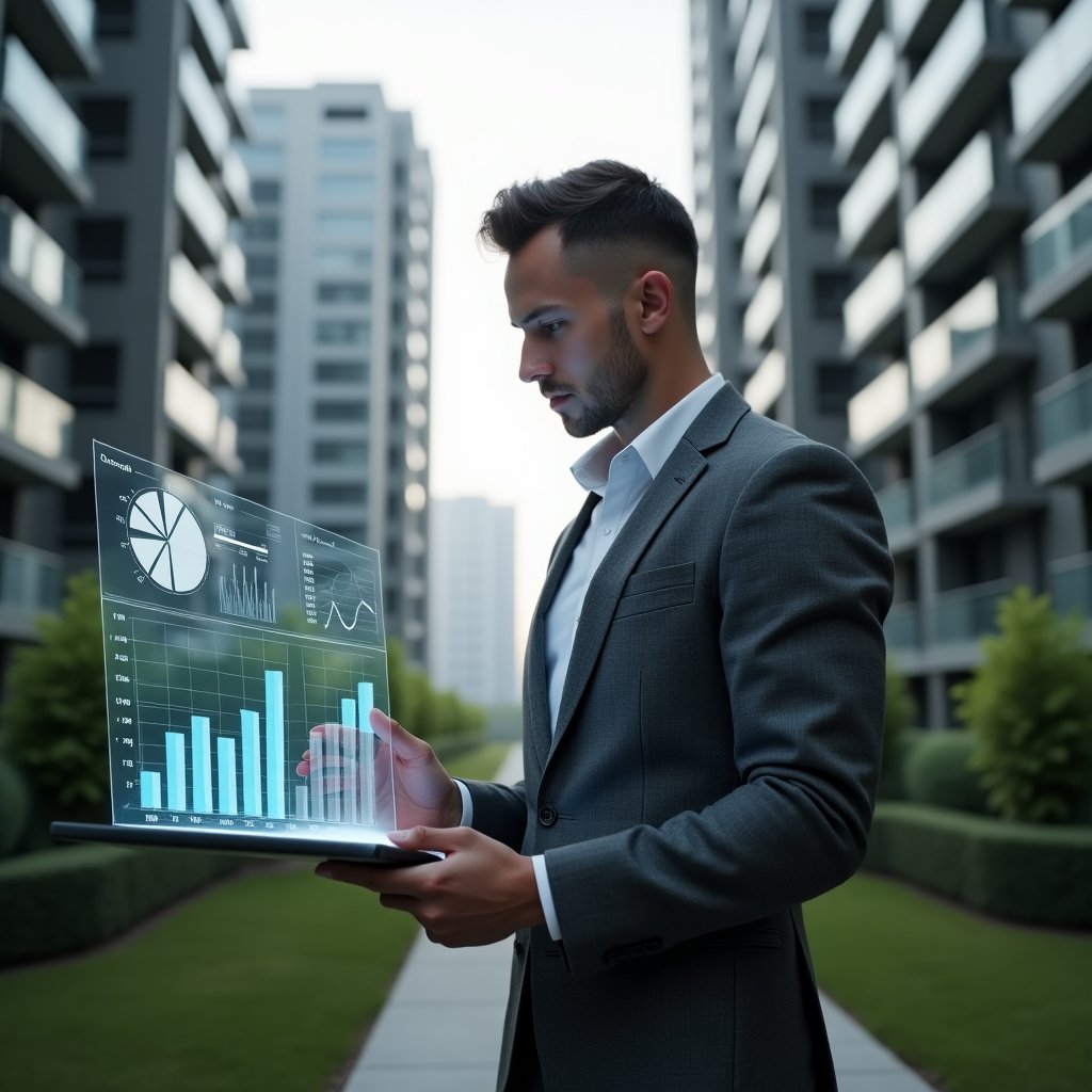 Ultra-realistic property manager in a charcoal gray suit, set in a modern luxury condominium environment with high-rise buildings and manicured green landscaping, reviewing a holographic financial chart with floating pie and bar graphs, thoughtful and confident expression, cinematic lighting, shallow depth of field, highly detailed textures, realistic skin, photographic realism, 8k resolution --ar 1:1 --v 6