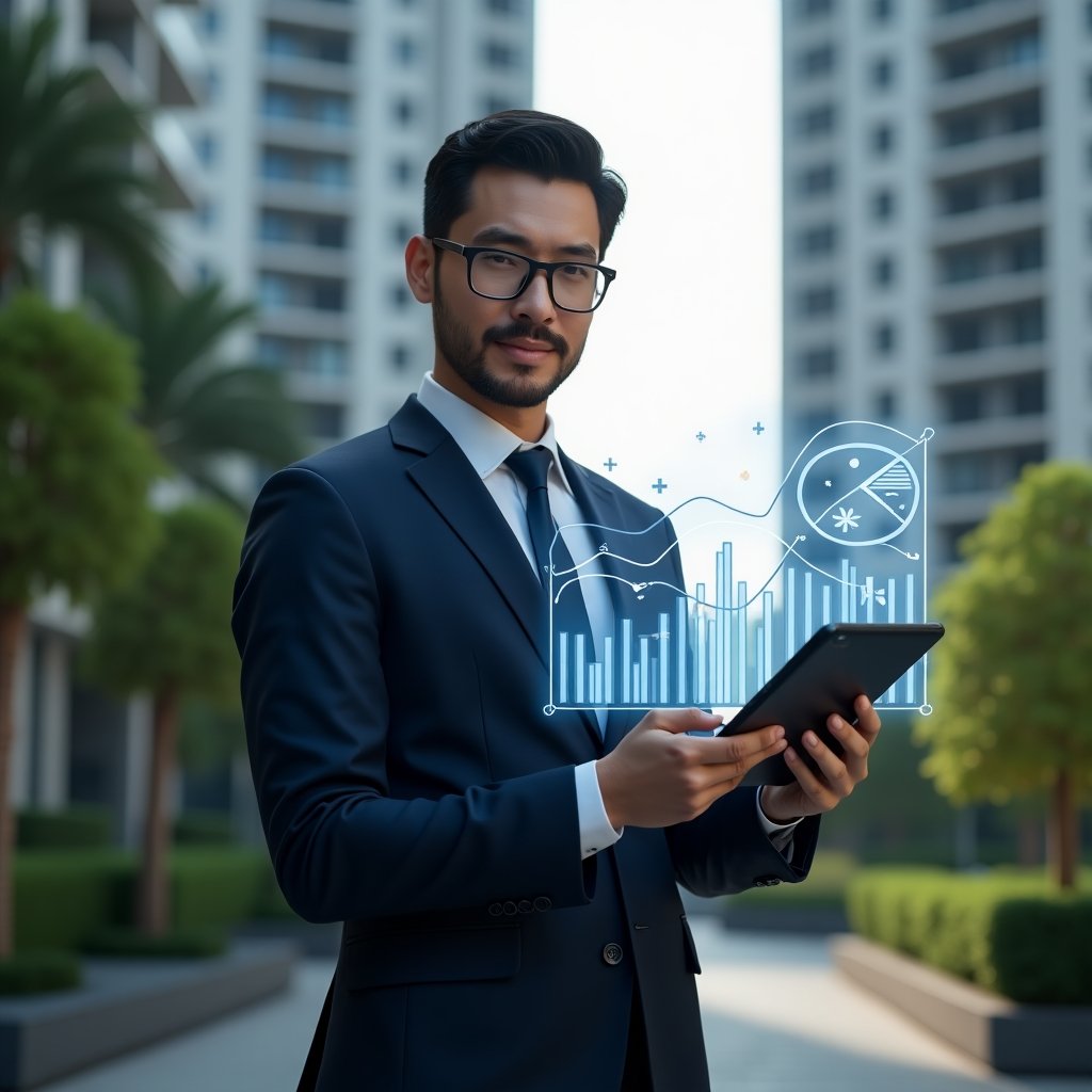 Ultra-realistic condominium manager in a navy suit, set in a modern luxury condominium environment with high-rise buildings and meticulously landscaped greenery, holding a tablet displaying holographic financial charts and bar graphs as they confidently analyze data, holographic pie chart icons floating nearby to symbolize streamlined accounting, cinematic lighting, shallow depth of field, highly detailed textures, realistic skin, photographic realism, 8k resolution --ar 1:1 --v 6