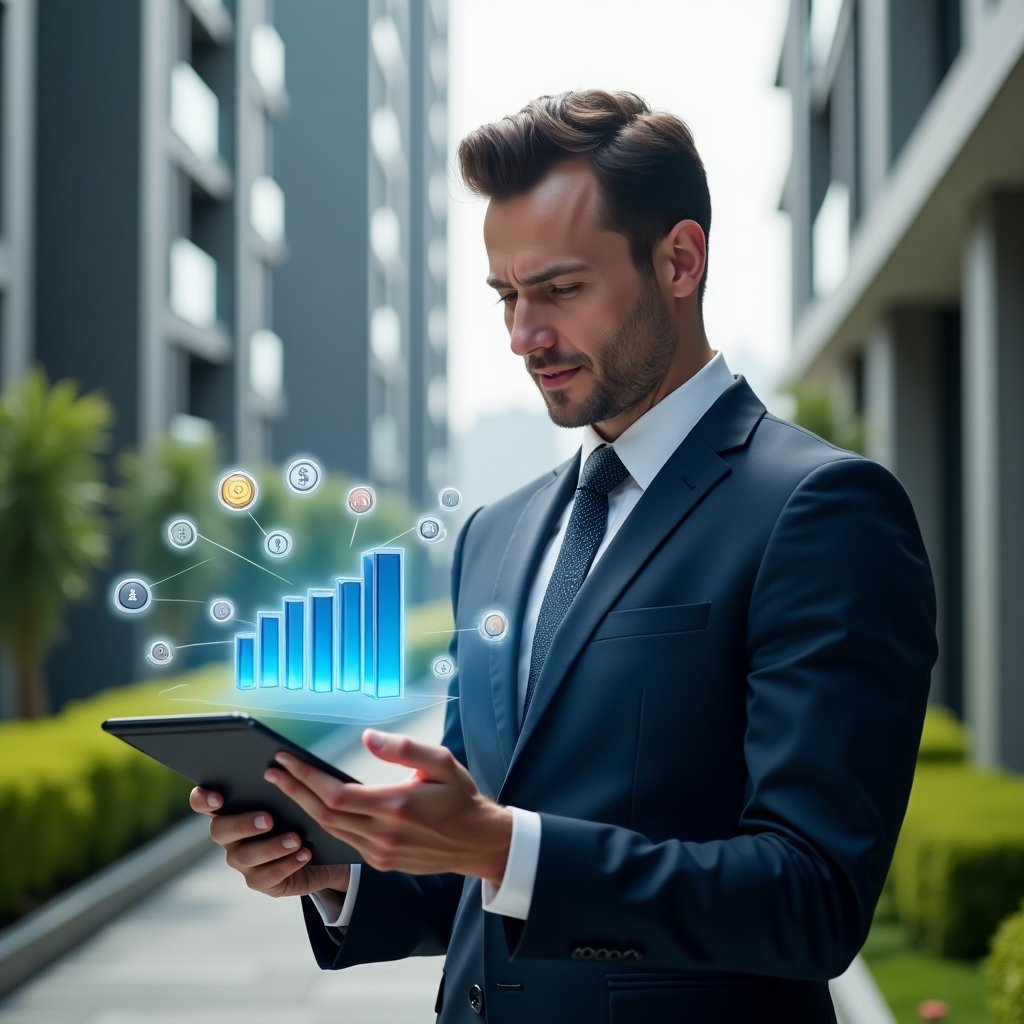(Ultra-realistic condominium manager in a tailored dark blue suit, set in a modern luxury condominium environment with high-rise buildings and manicured green landscaping, holding a digital tablet projecting a 3D holographic bar chart and coin icons to illustrate cost-saving strategies, confident expression, futuristic budget icons floating around, cinematic lighting, shallow depth of field, highly detailed textures, realistic skin, photographic realism, 8k resolution --ar 1:1 --v 6)