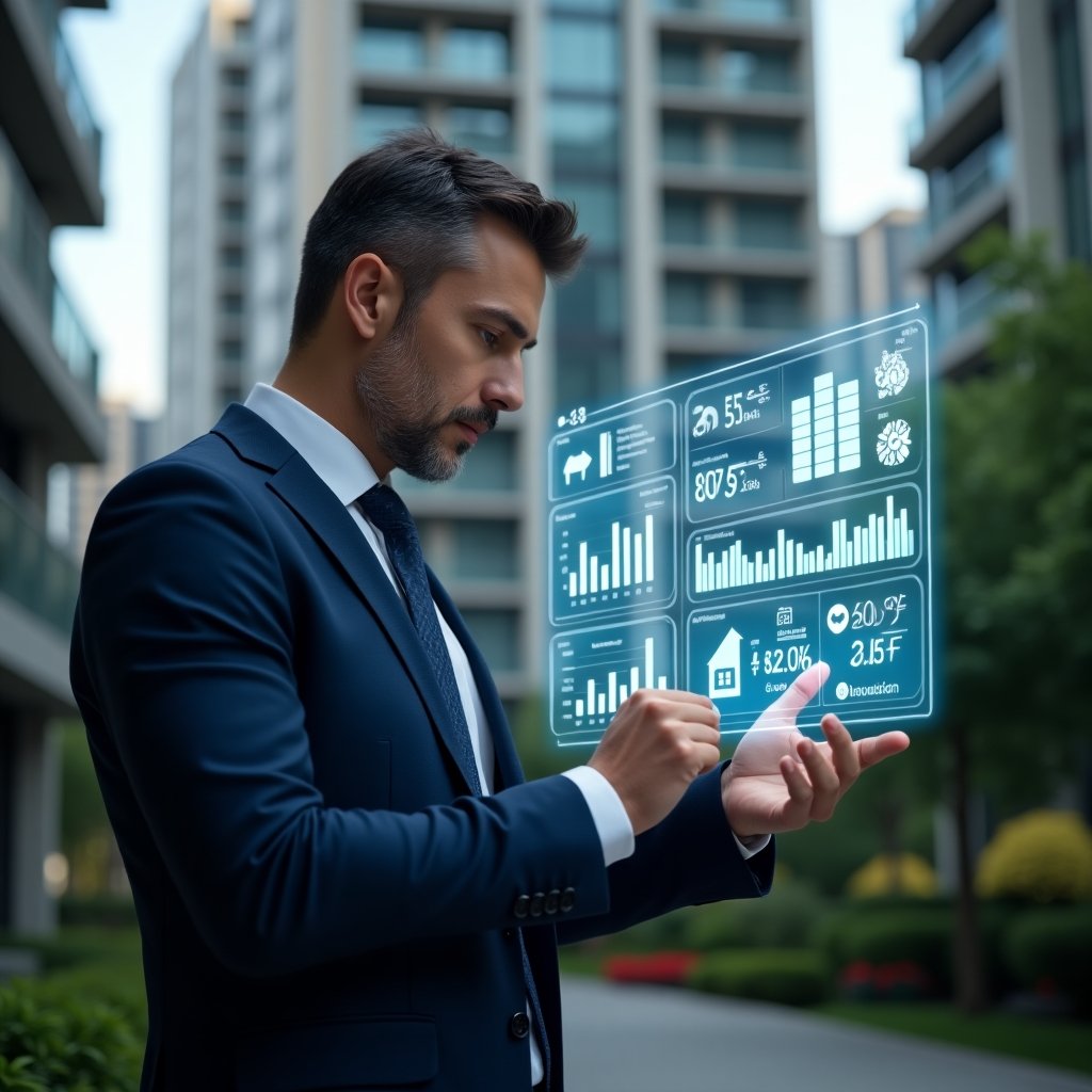 (Ultra-realistic condominium manager in a navy tailored suit, set in a modern luxury condominium environment with high-rise buildings and manicured gardens, analyzing a transparent holographic financial dashboard displaying budget charts and cost-saving metrics, surrounded by floating icons of contracts, gears, and a smartphone app, focused and confident expression, cinematic lighting, shallow depth of field, highly detailed textures, realistic skin, photographic realism, 8k resolution --ar 1:1 --v 6)