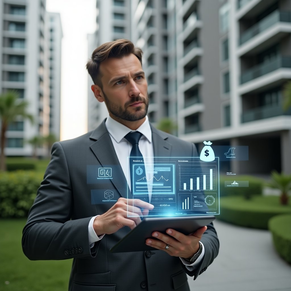 (Ultra-realistic property manager in a charcoal gray suit, set in a modern luxury condominium environment with high-rise buildings and manicured green landscaping, holding a tablet displaying holographic cost charts and blueprints, analyzing budget breakdown with a confident thoughtful expression, floating icons of money bags and construction tools around, cinematic lighting, shallow depth of field, highly detailed textures, realistic skin, photographic realism, 8k resolution --ar 1:1 --v 6)