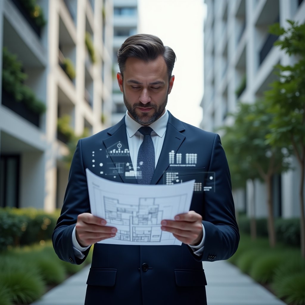 (Ultra-realistic condominium manager in a tailored navy suit, set in a modern luxury condominium environment with high-rise buildings and manicured green landscaping, reviewing architectural blueprints while holographic budget charts and cost-saving icons float before them, focused and confident expression, cinematic lighting, shallow depth of field, highly detailed textures, realistic skin, photographic realism, 8k resolution --ar 1:1 --v 6)