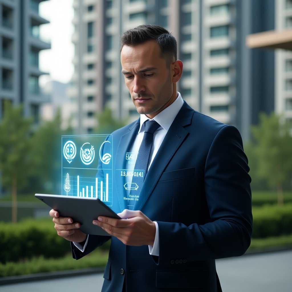 Ultra-realistic condominium manager in a navy tailored suit, set in a modern luxury condominium environment with high-rise buildings and well-manicured green landscaping, holding a tablet displaying holographic budget charts and cost-saving icons, confidently analyzing strategies to reduce extraordinary expenses, cinematic lighting, shallow depth of field, highly detailed textures, realistic skin, photographic realism, 8k resolution --ar 1:1 --v 6
