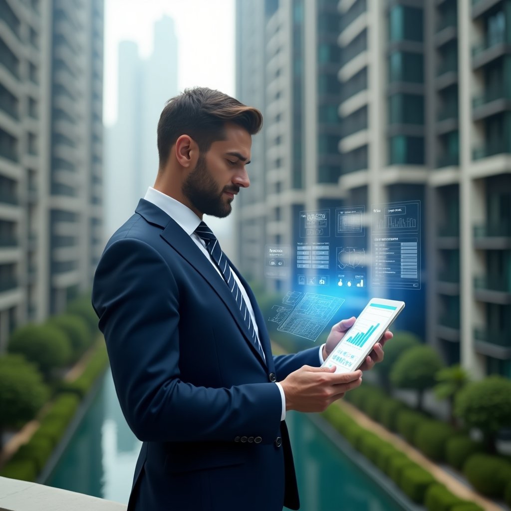 (Ultra-realistic condominium manager in a navy blue suit, set in a modern luxury condominium environment with high-rise buildings and manicured green areas, holding a digital tablet displaying budget charts and projections, holographic icons of calculators and blueprints floating around, confidently analyzing cost-saving strategies, cinematic lighting, shallow depth of field, highly detailed textures, realistic skin, photographic realism, 8k resolution --ar 1:1 --v 6)