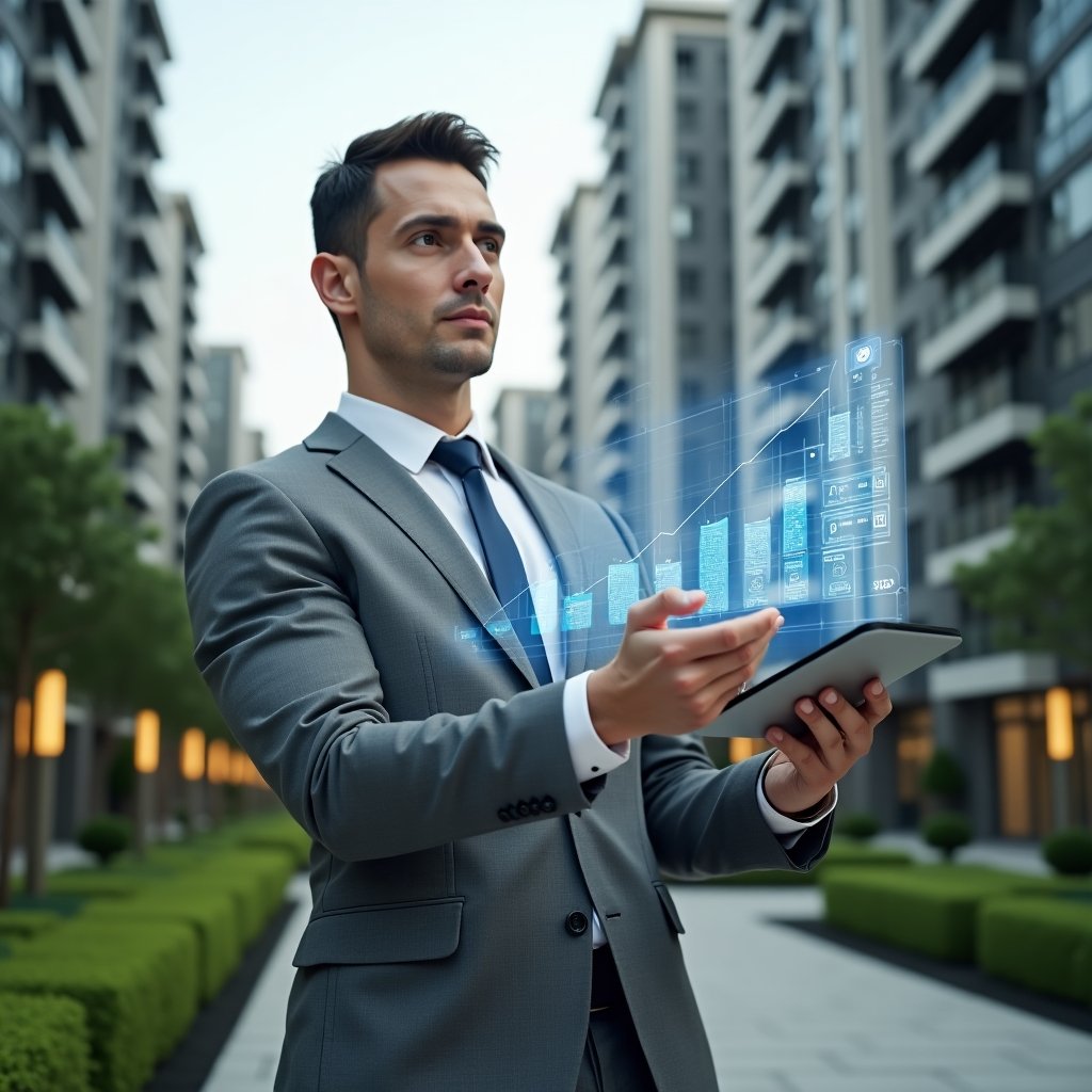 Ultra-realistic property manager in a tailored gray suit, set in a modern luxury condominium environment with high-rise buildings and pristine green landscaping, mid-frame analyzing a holographic financial dashboard displaying descending expense charts and coin icons, holding a tablet with budget forecasts, confident and focused expression, cinematic lighting, shallow depth of field, highly detailed textures, realistic skin, photographic realism, 8k resolution --ar 1:1 --v 6