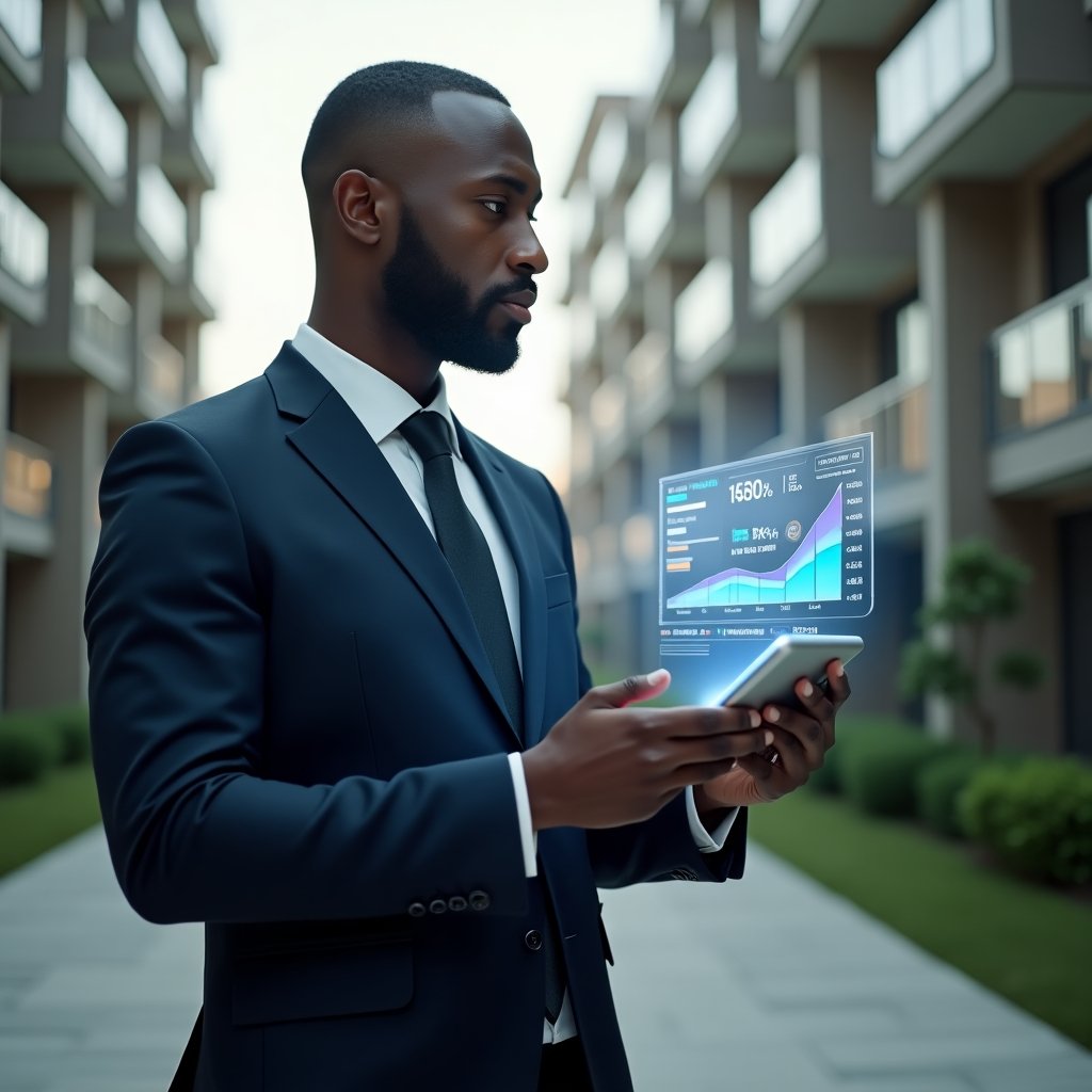 (Ultra-realistic condominium manager in a tailored navy suit, set in a modern luxury condominium environment with high-rise buildings and manicured green landscaping, examining a holographic financial chart and holding a digital tablet displaying cost-saving icons, confident and analytical expression, cinematic lighting, shallow depth of field, highly detailed textures, realistic skin, photographic realism, 8k resolution --ar 1:1 --v 6)