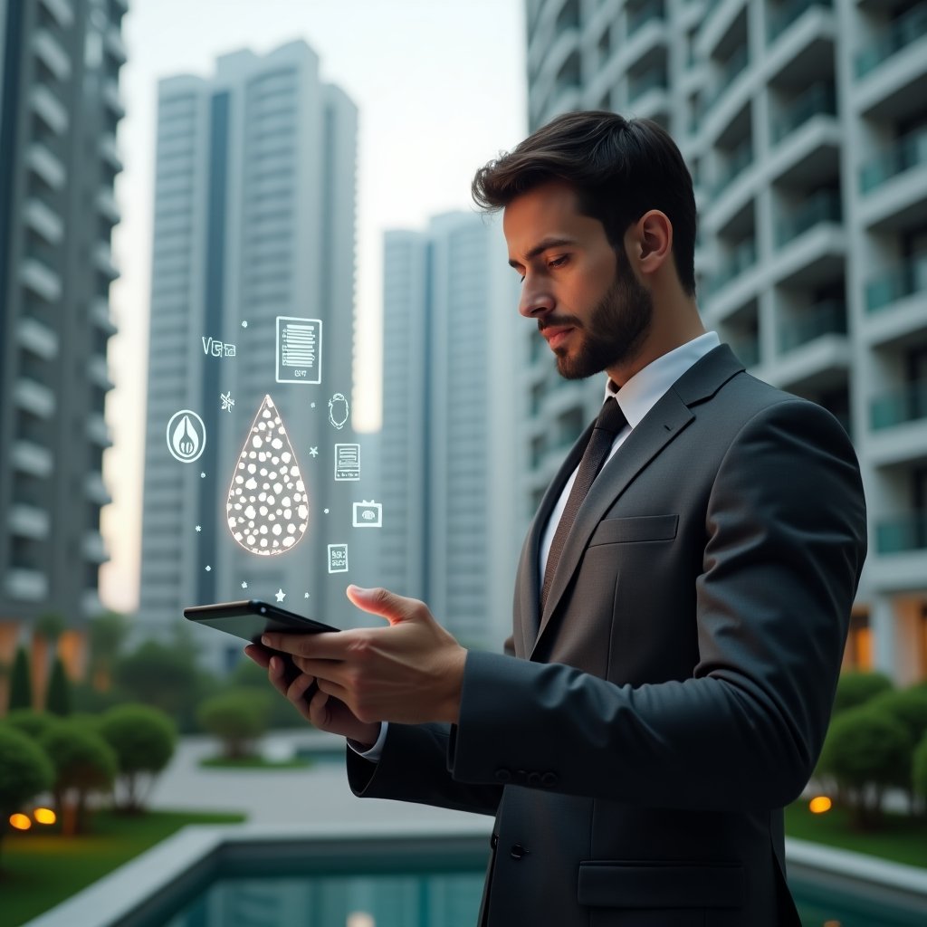 (Ultra-realistic condominium manager in a tailored dark gray suit, set in a modern luxury condominium environment with high-rise buildings and pristine green landscaping, holding a transparent tablet displaying floating cost-reduction holograms (icons of contracts, water drop, light bulb, digital app), analyzing financial charts with a confident, focused expression, cinematic lighting, shallow depth of field, highly detailed textures, realistic skin, photographic realism, 8k resolution --ar 1:1 --v 6)