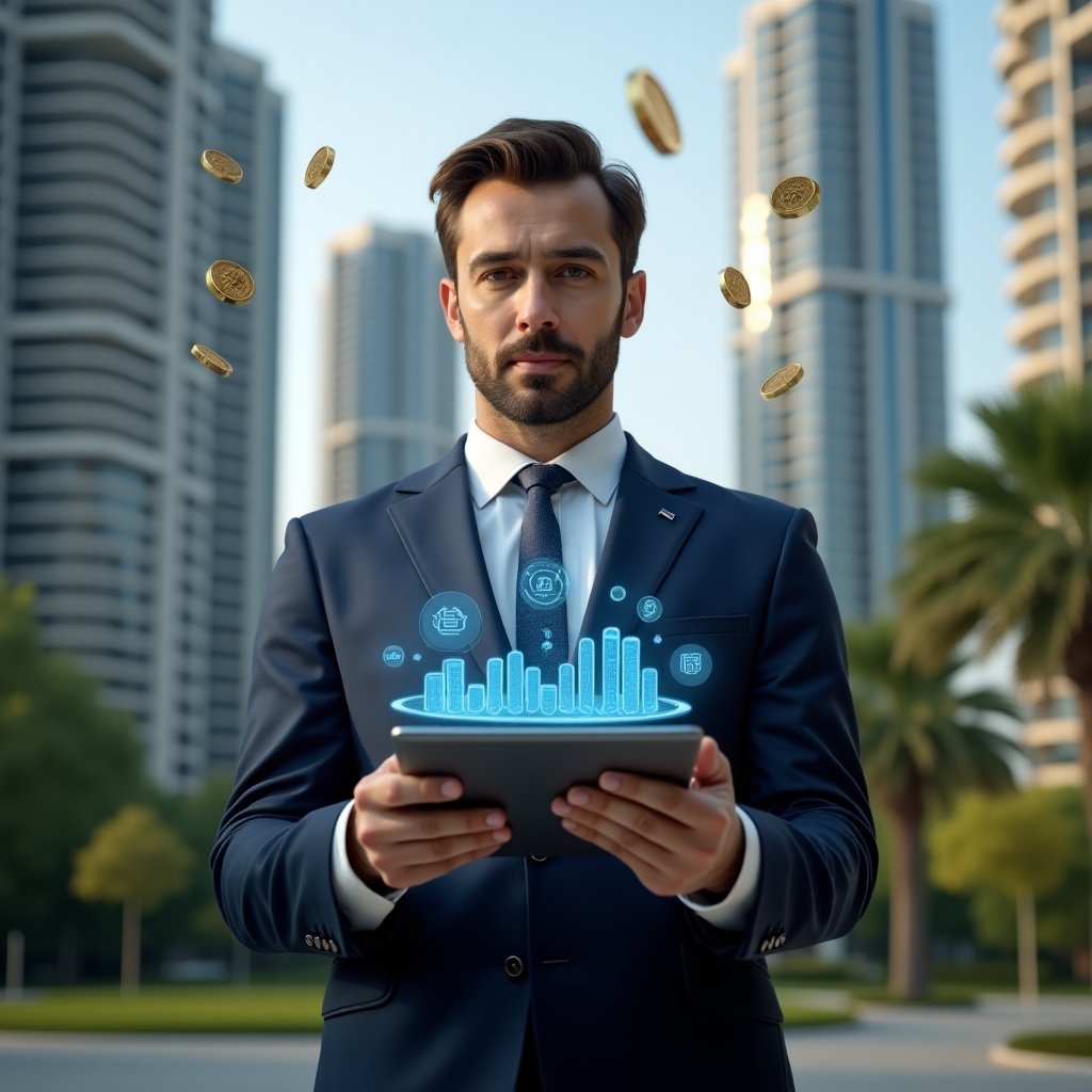 (Ultra-realistic condominium manager in a tailored navy suit, set in a modern luxury condominium environment with high-rise buildings and lush green landscaping, holding a tablet displaying holographic savings charts and cost-reduction icons, confident and focused expression, surrounded by floating coins and bar-graph holograms symbolizing expense cuts, cinematic lighting, shallow depth of field, highly detailed textures, realistic skin, photographic realism, 8k resolution --ar 1:1 --v 6)