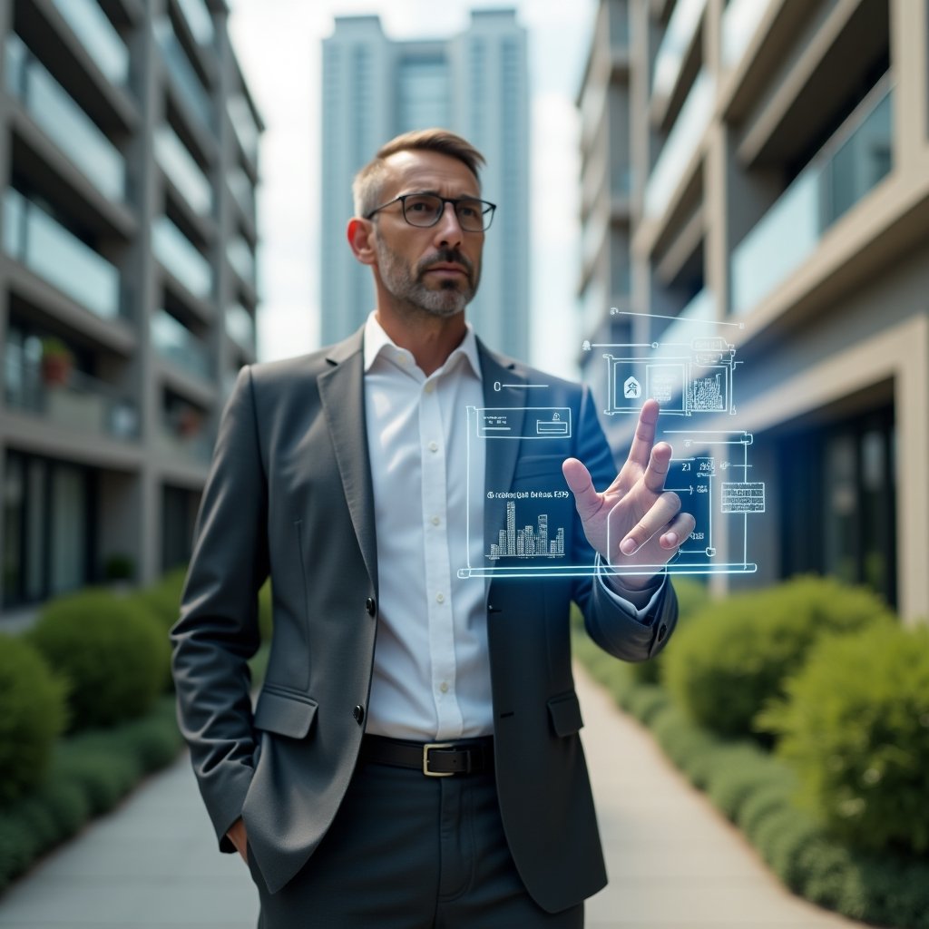 Ultra-realistic building manager in a charcoal gray suit, set in a modern luxury condominium environment with high-rise buildings and manicured green gardens, mid-shot of the manager standing confidently while interacting with a floating holographic dashboard displaying cost-saving graphs and utility bill icons, cinematic lighting, shallow depth of field, highly detailed textures, realistic skin, photographic realism, 8k resolution --ar 1:1 --v 6