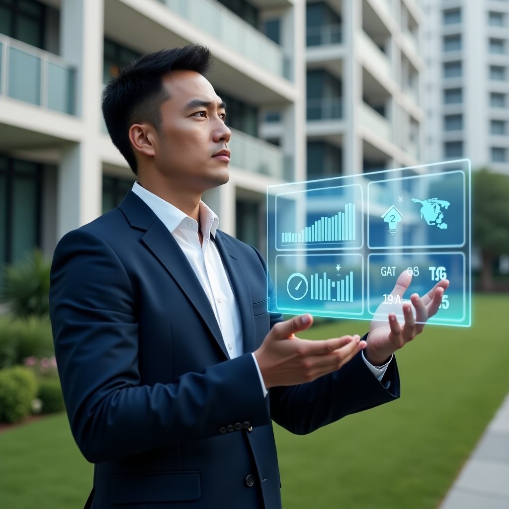 (Ultra-realistic condominium manager in a tailored navy suit, set in a modern luxury condominium environment with high-rise buildings and manicured green landscaping, reviewing a floating holographic dashboard displaying water, energy and gas consumption charts, holographic icons of cost savings and efficiency gauges, confident and focused expression, cinematic lighting, shallow depth of field, highly detailed textures, realistic skin, photographic realism, 8k resolution --ar 1:1 --v 6)