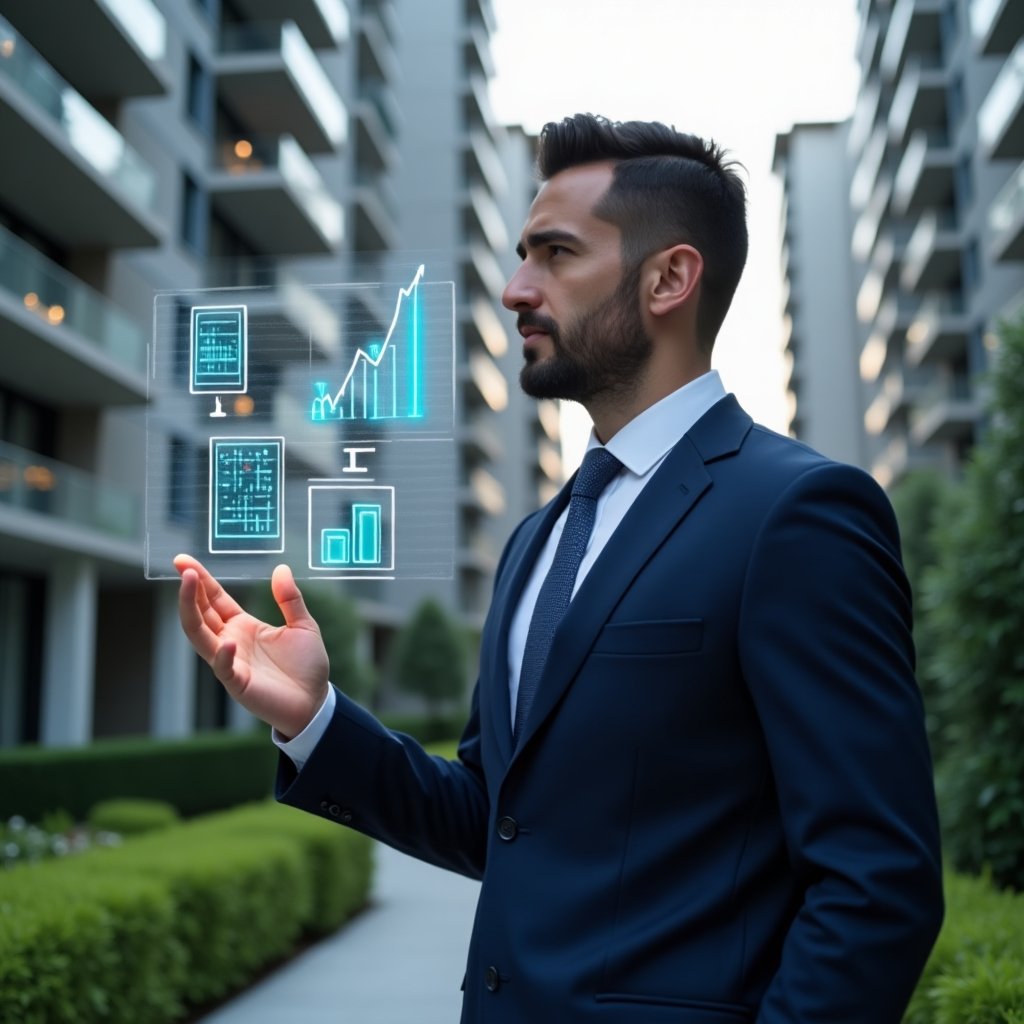 (Ultra-realistic condominium manager in a navy blue suit, set in a modern luxury condominium environment with high-rise buildings and manicured green landscaping, reviewing holographic financial charts with a confident expression, interacting with floating icons representing cost reduction and budget planning, cinematic lighting, shallow depth of field, highly detailed textures, realistic skin, photographic realism, 8k resolution --ar 1:1 --v 6)