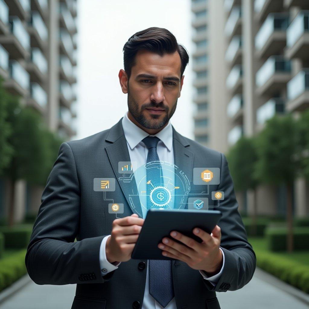 (Ultra-realistic professional property manager in a charcoal gray tailored suit, set in a modern luxury condominium environment with high-rise buildings and meticulously landscaped greenery, holding a tablet displaying holographic financial charts and cost-saving icons, confident and focused expression, floating symbols of coins and gears around the device, cinematic lighting, shallow depth of field, highly detailed textures, realistic skin, photographic realism, 8k resolution --ar 1:1 --v 6)