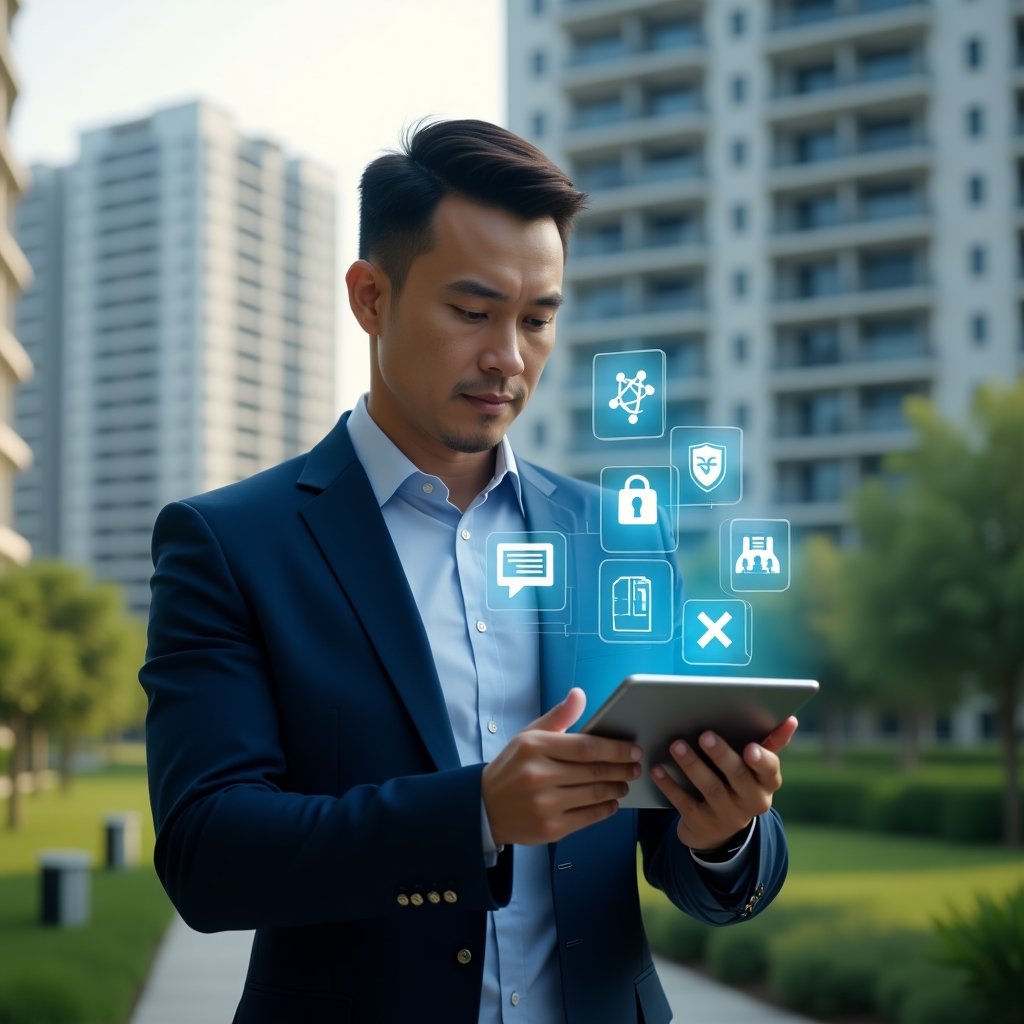 (Ultra-realistic condominium manager in a tailored navy suit, set in a modern luxury condominium environment with high-rise buildings and lush green landscaping, holding a tablet projecting five floating holographic icons representing chat, finance, security, reservations and maintenance, analyzing the interface with a confident, focused expression, cinematic lighting, shallow depth of field, highly detailed textures, realistic skin, photographic realism, 8k resolution --ar 1:1 --v 6)