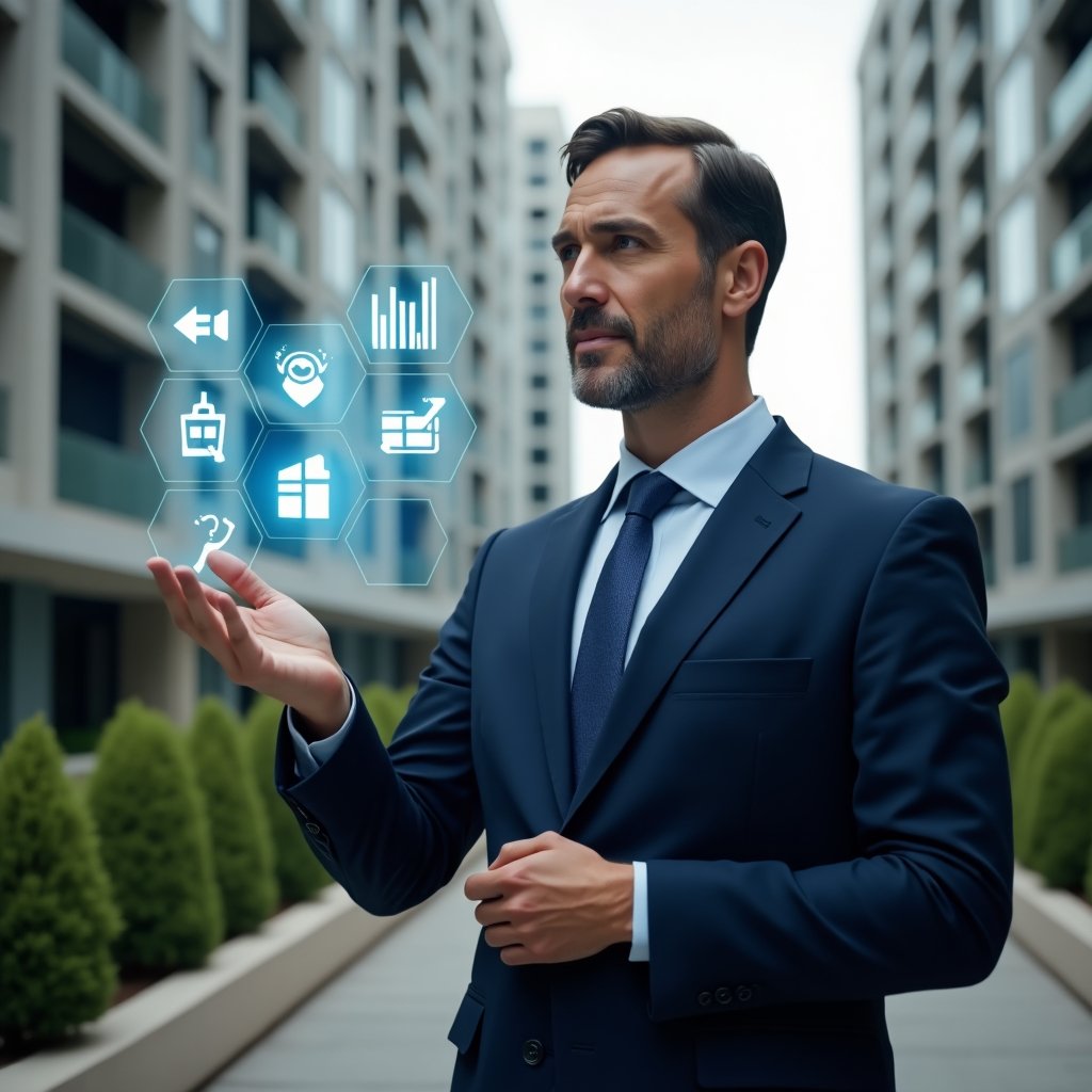 (Ultra-realistic condominium manager in a navy blue tailored suit, set in a modern luxury condominium environment with high-rise buildings and manicured gardens, interacting with a floating holographic interface displaying icons for communication, finance, reservations, tasks, and analytics, confident and focused expression, cinematic lighting, shallow depth of field, highly detailed textures, realistic skin, photographic realism, 8k resolution --ar 1:1 --v 6)